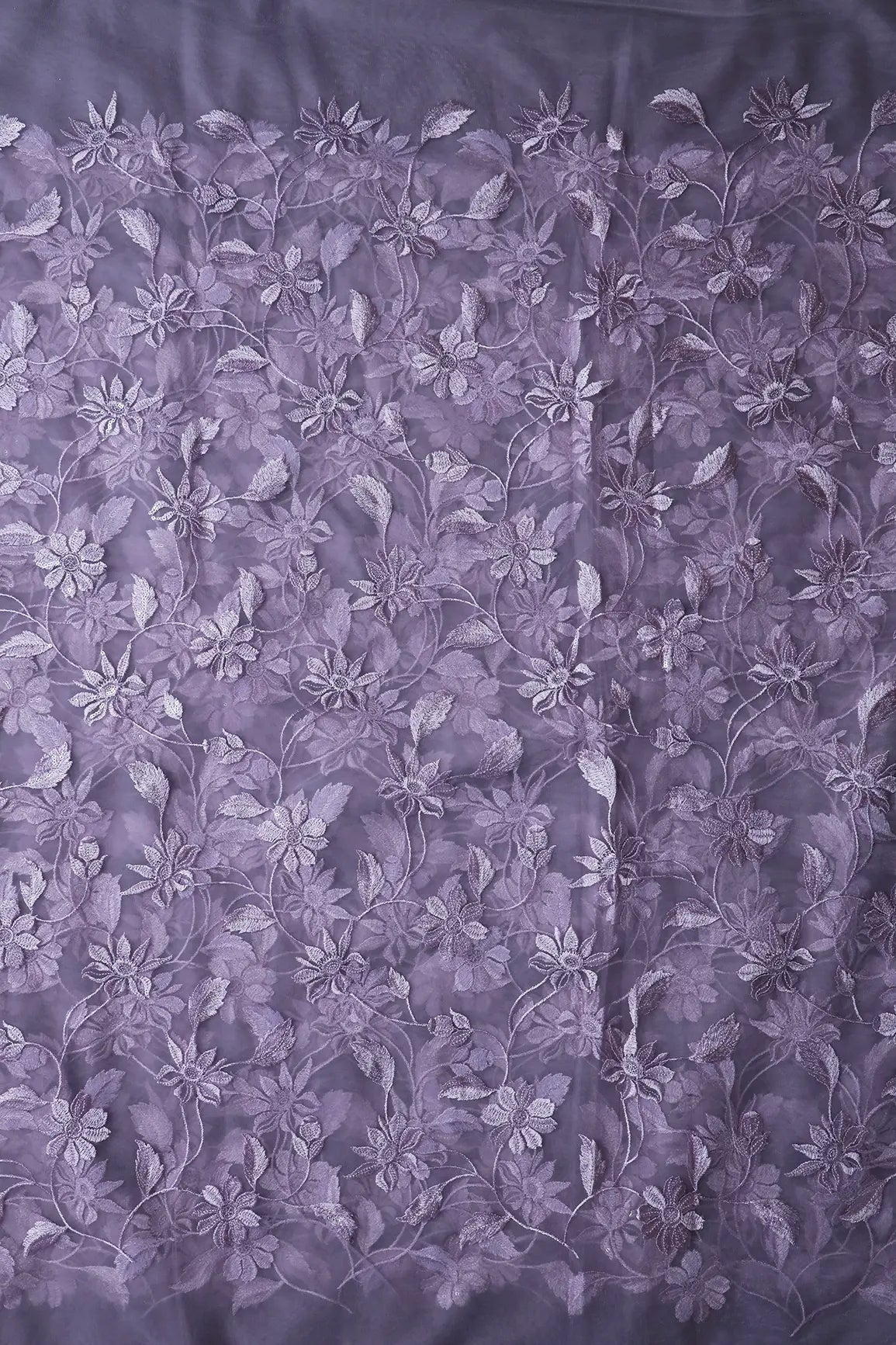 Lilac Thread With Water Sequins Floral Embroidery On Lilac Soft Net Fabric