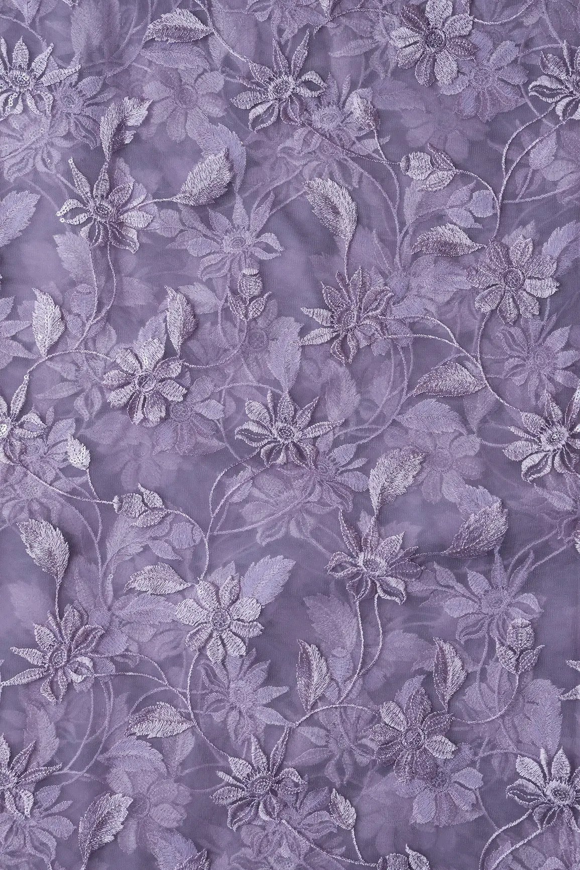 Lilac Thread With Water Sequins Floral Embroidery On Lilac Soft Net Fabric