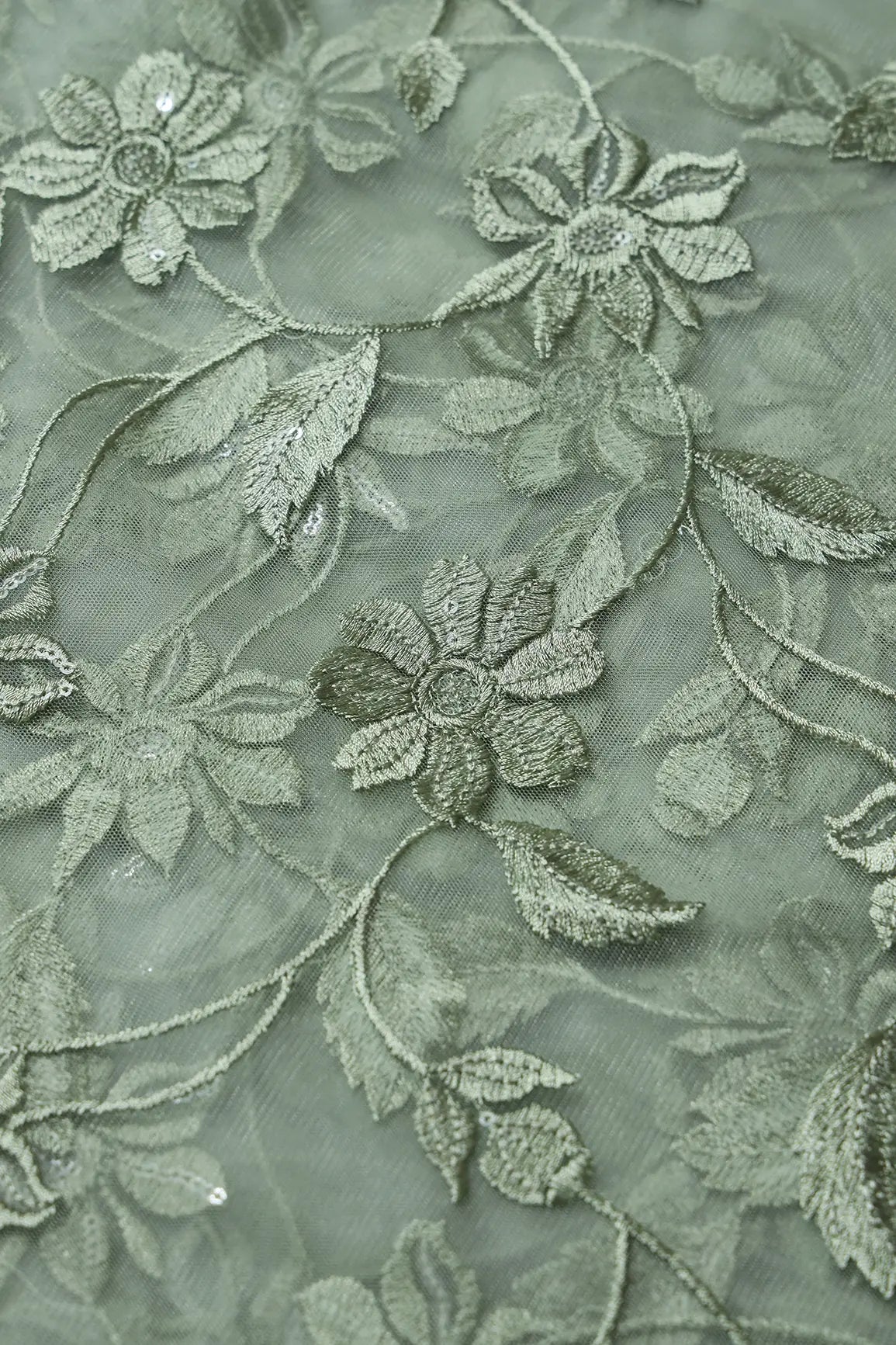 Olive Thread With Water Sequins Floral Embroidery On Olive Soft Net Fabric