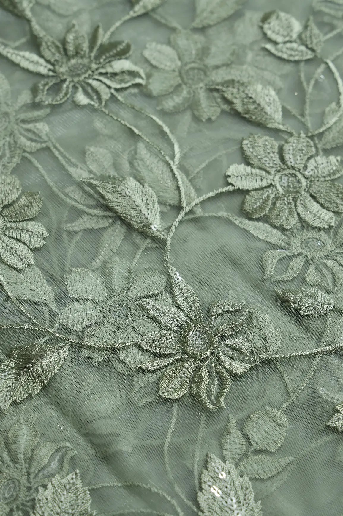 Olive Thread With Water Sequins Floral Embroidery On Olive Soft Net Fabric