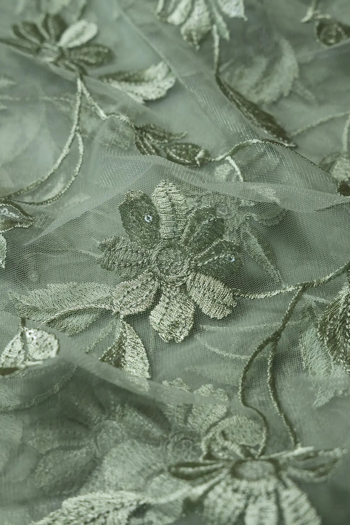 Olive Thread With Water Sequins Floral Embroidery On Olive Soft Net Fabric