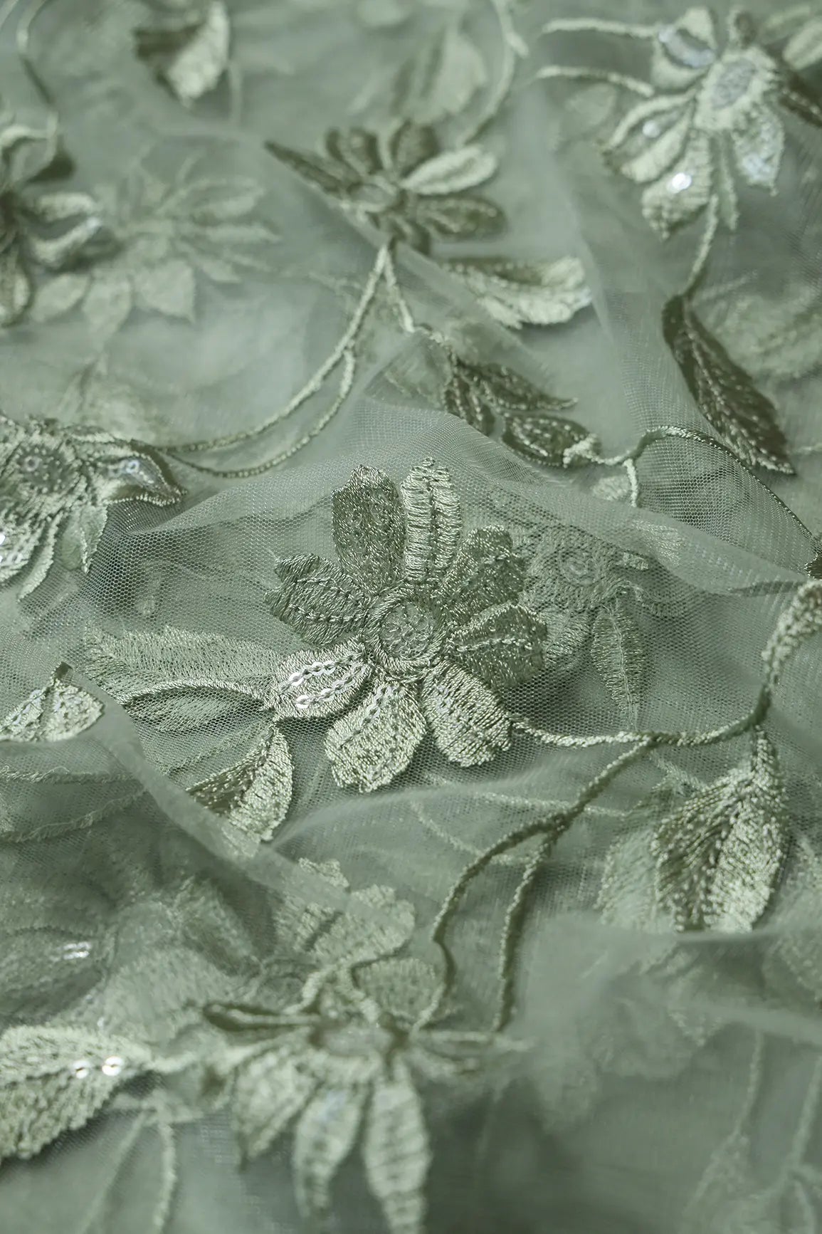 Olive Thread With Water Sequins Floral Embroidery On Olive Soft Net Fabric