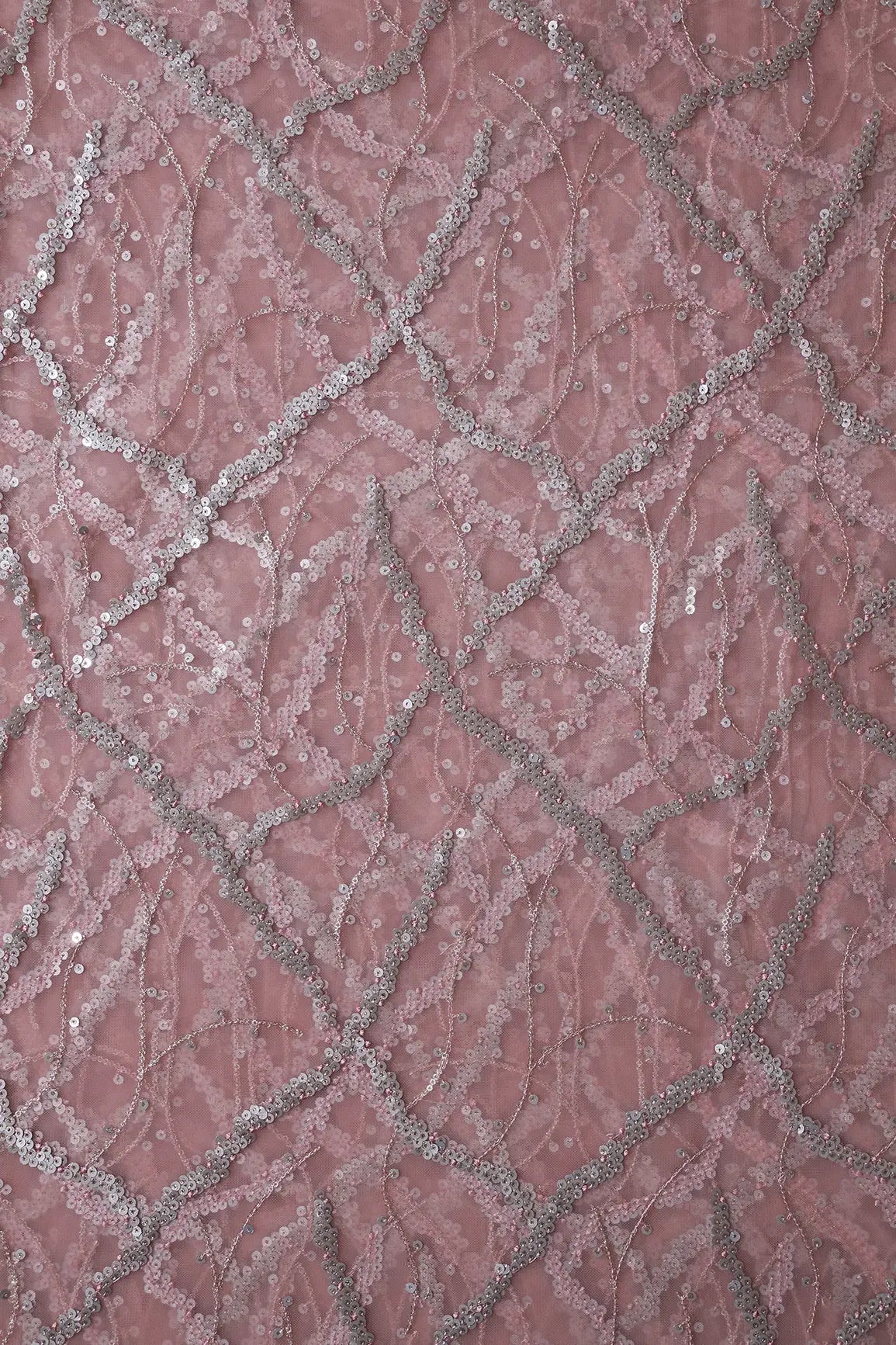 Silver Sequins Geometric Embroidery On Pink Soft Net Fabric