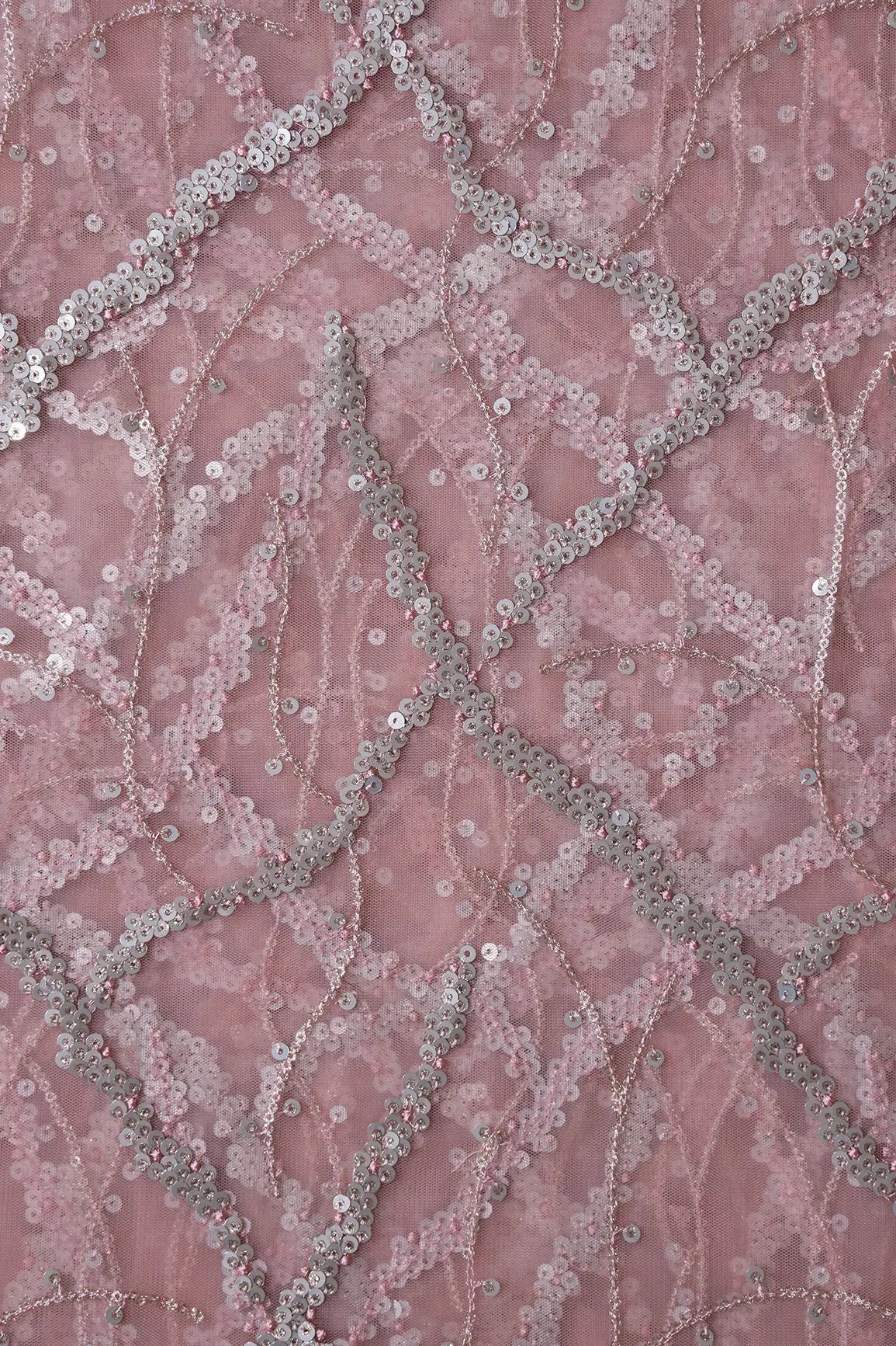 Silver Sequins Geometric Embroidery On Pink Soft Net Fabric