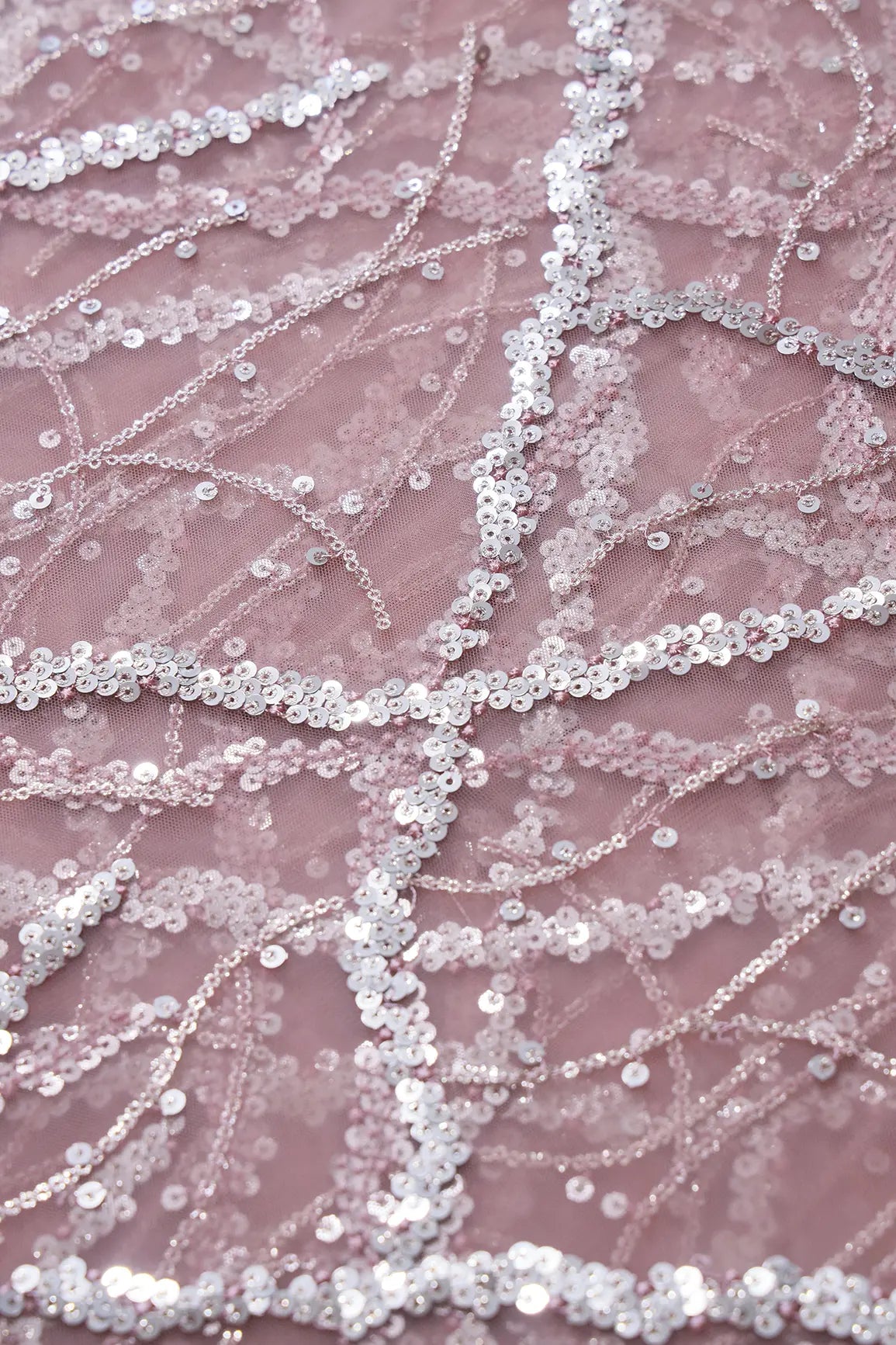 Silver Sequins Geometric Embroidery On Pink Soft Net Fabric