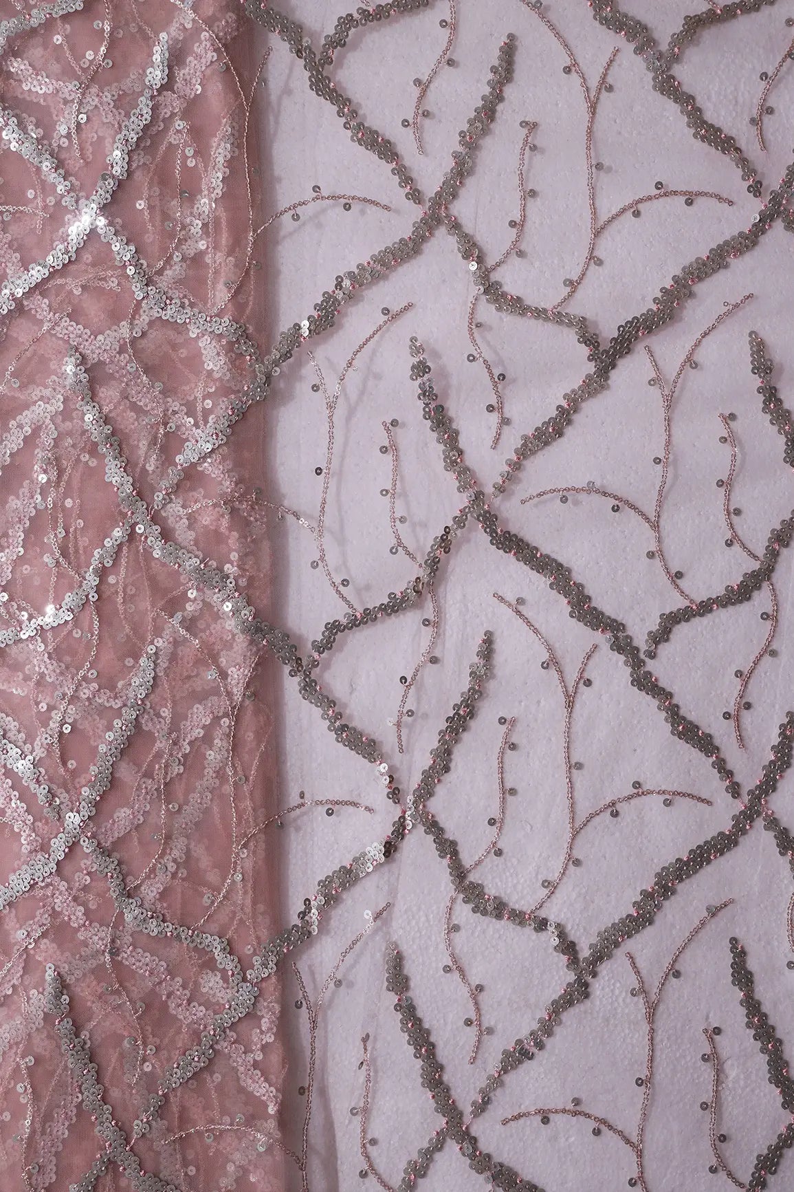 Silver Sequins Geometric Embroidery On Pink Soft Net Fabric