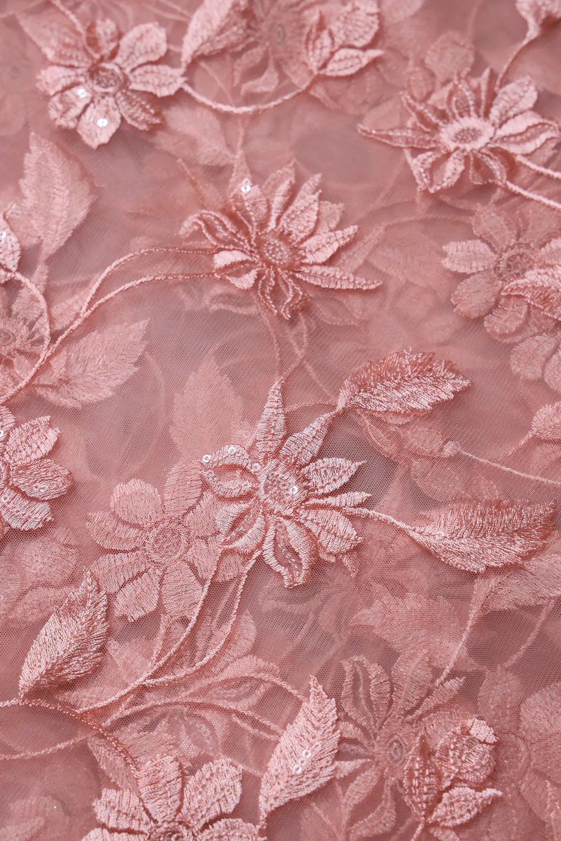 Pink Thread With Water Sequins Floral Embroidery On Pink Soft Net Fabric