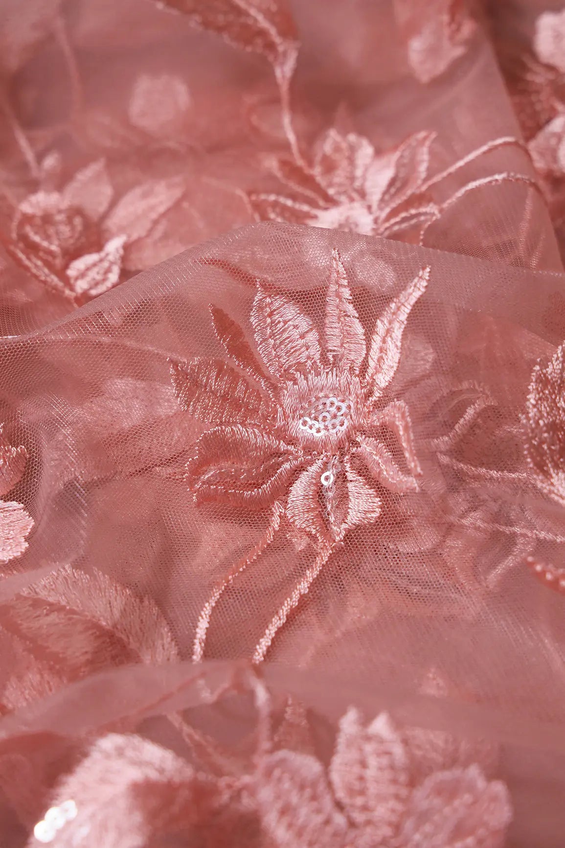 Pink Thread With Water Sequins Floral Embroidery On Pink Soft Net Fabric