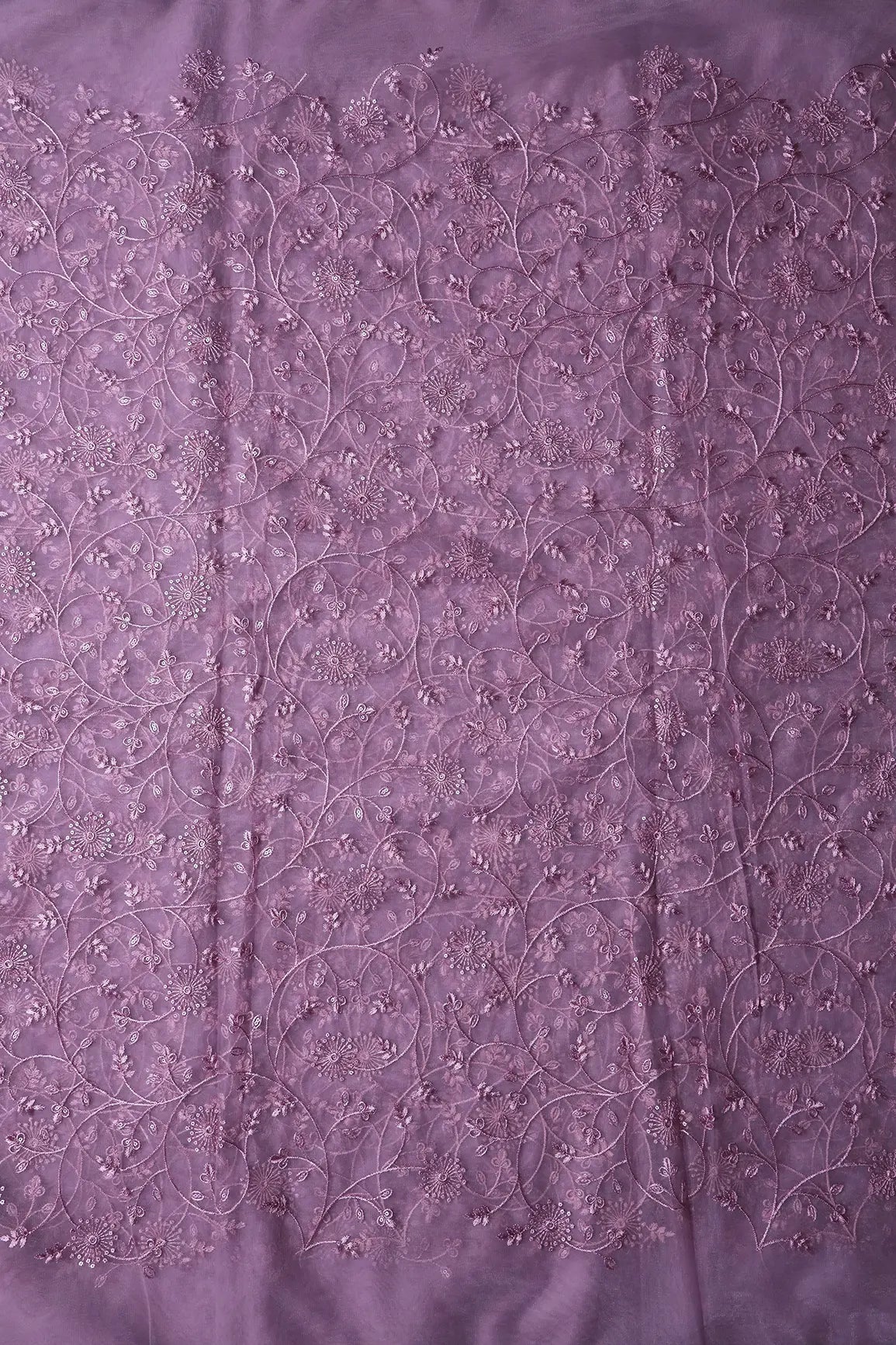 Mauve Sequins With Mauve Thread Floral Embroidery On Mauve Soft Net Fabric