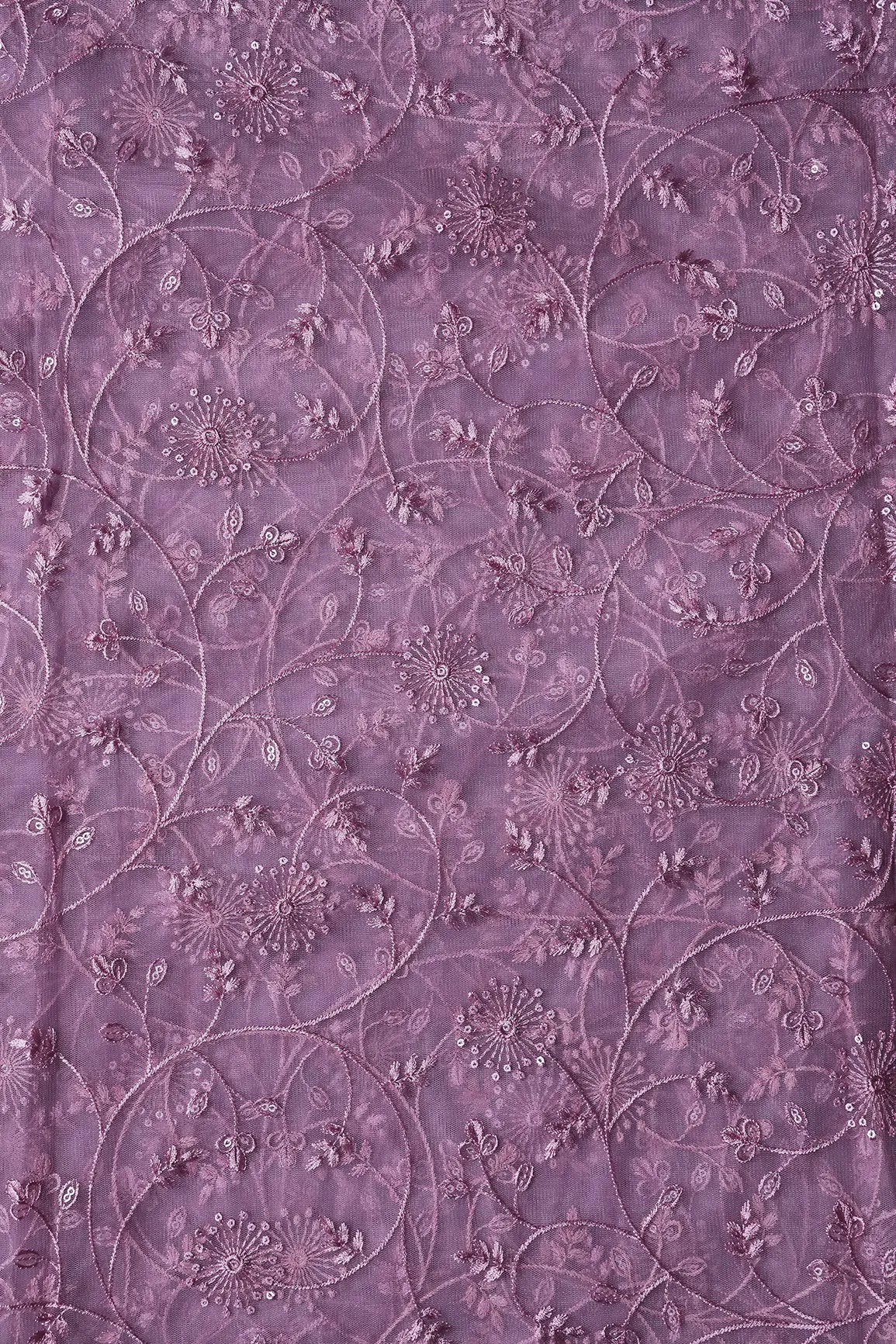 Mauve Sequins With Mauve Thread Floral Embroidery On Mauve Soft Net Fabric