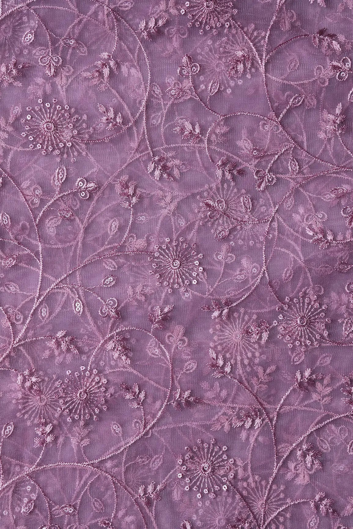 Mauve Sequins With Mauve Thread Floral Embroidery On Mauve Soft Net Fabric