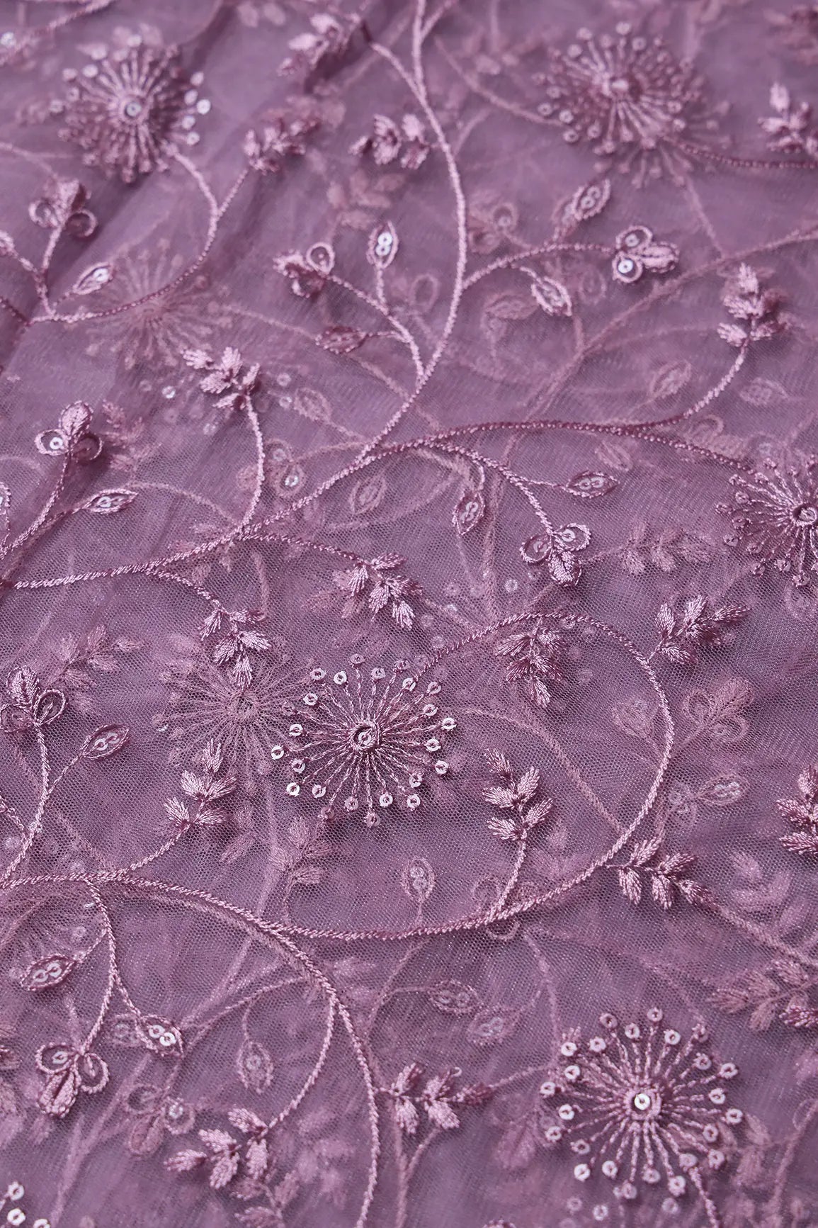 Mauve Sequins With Mauve Thread Floral Embroidery On Mauve Soft Net Fabric