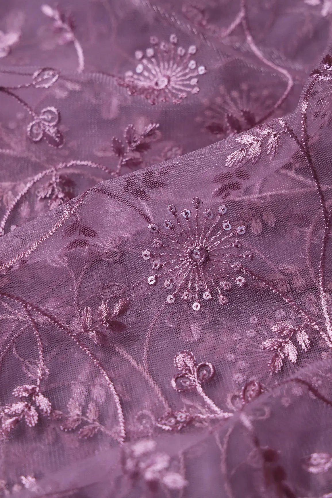 Mauve Sequins With Mauve Thread Floral Embroidery On Mauve Soft Net Fabric