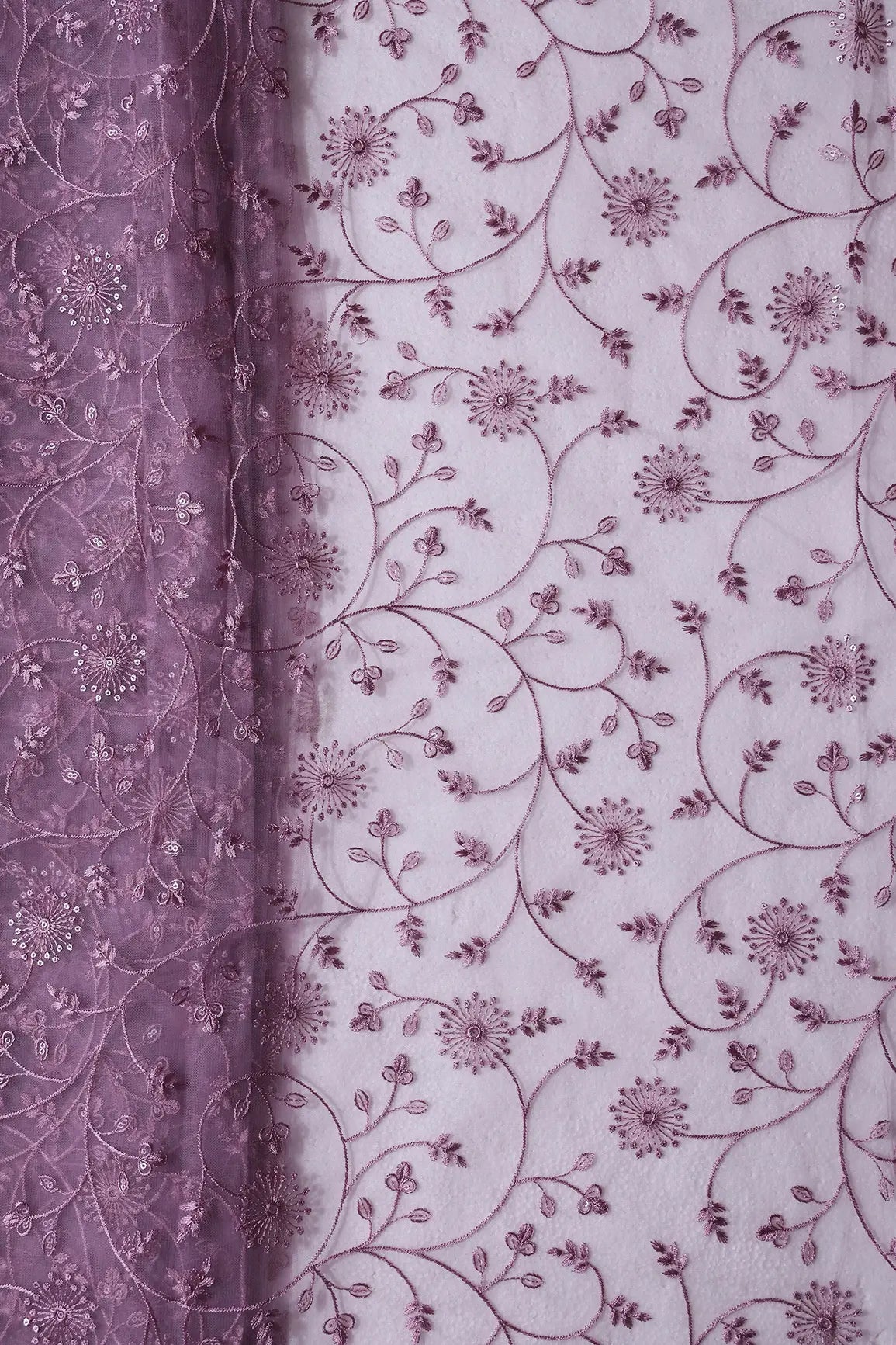 Mauve Sequins With Mauve Thread Floral Embroidery On Mauve Soft Net Fabric