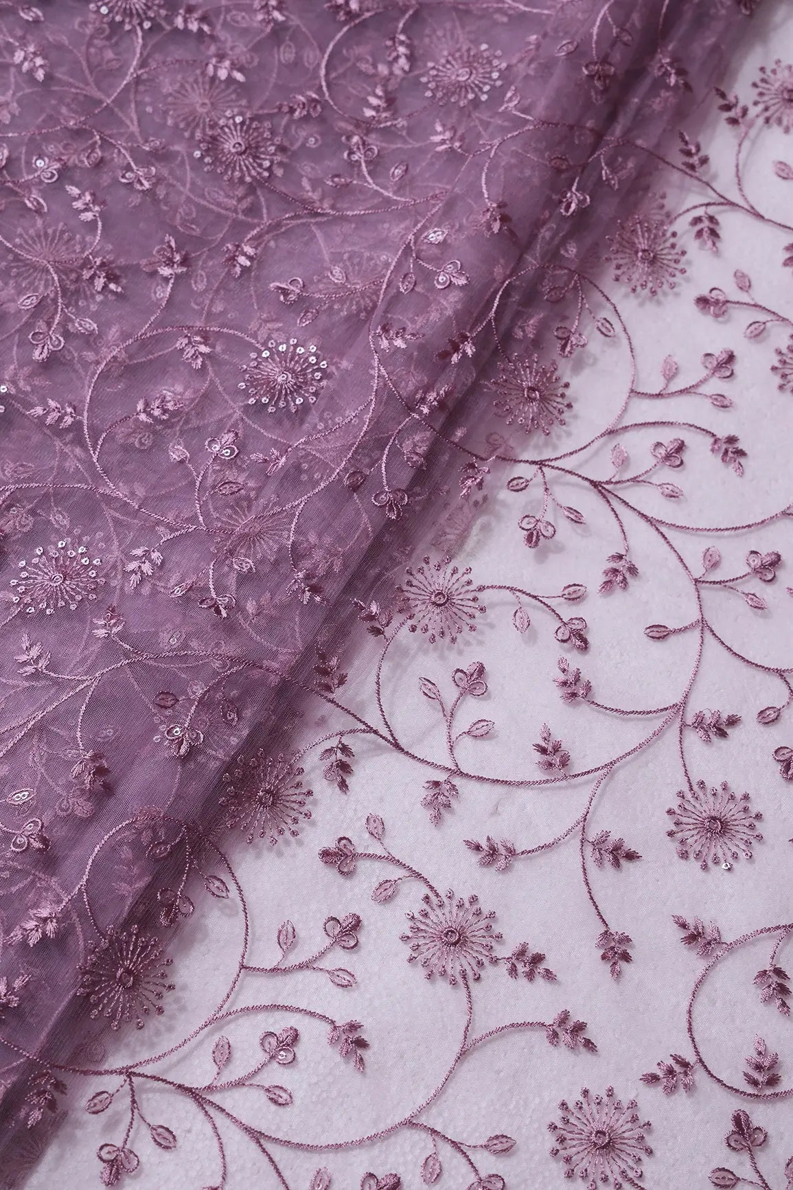 Mauve Sequins With Mauve Thread Floral Embroidery On Mauve Soft Net Fabric