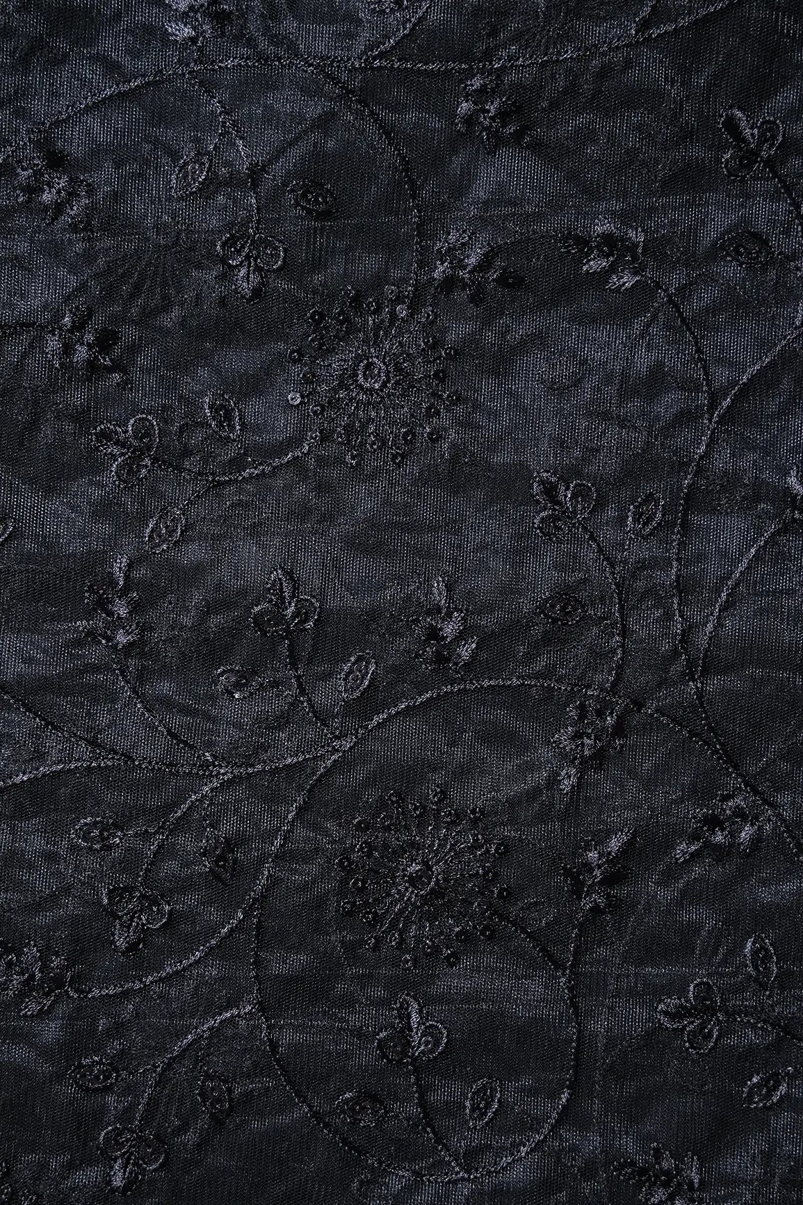 Black Sequins With Black Thread Floral Embroidery On Black Soft Net Fabric