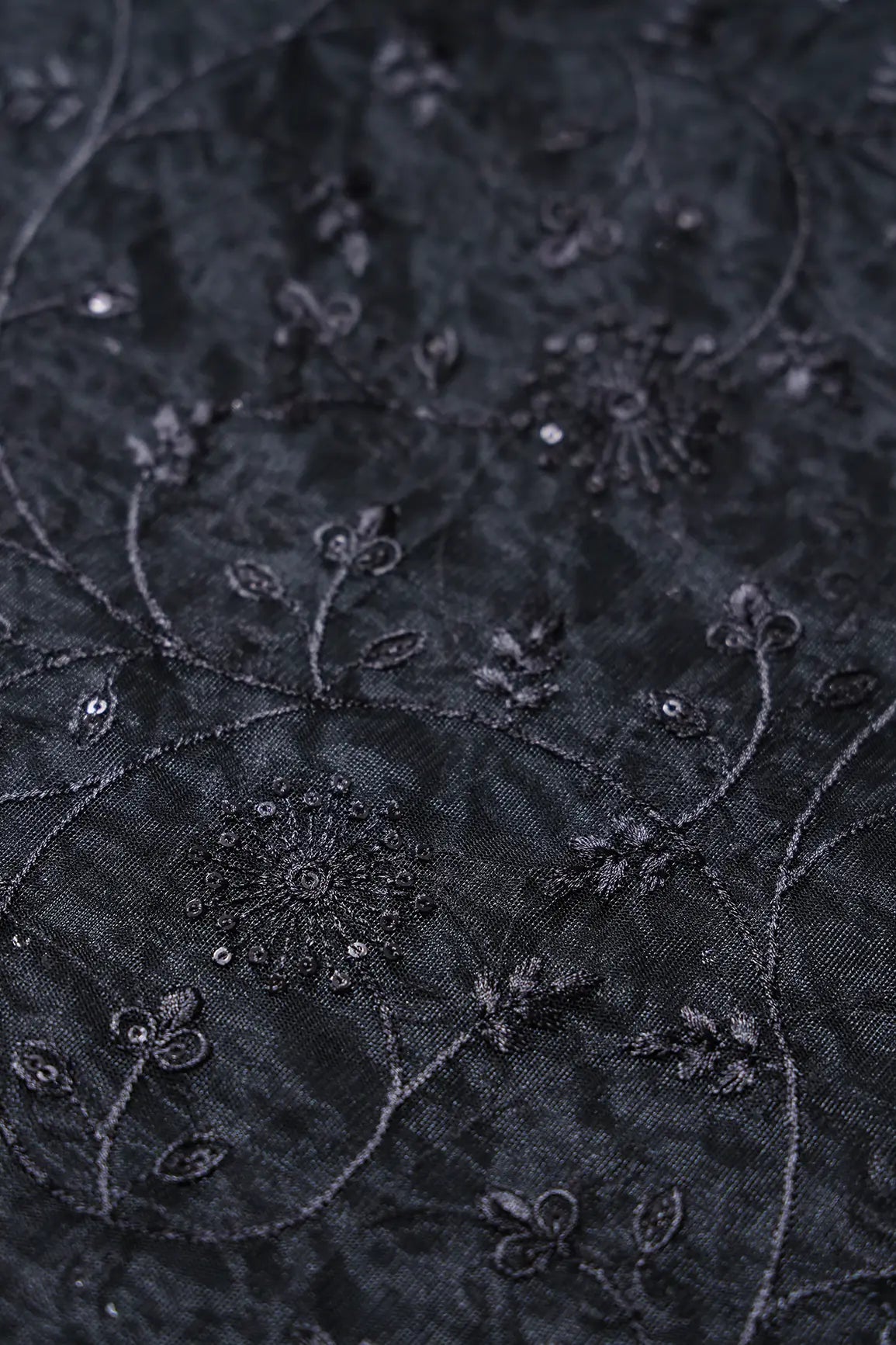 Black Sequins With Black Thread Floral Embroidery On Black Soft Net Fabric