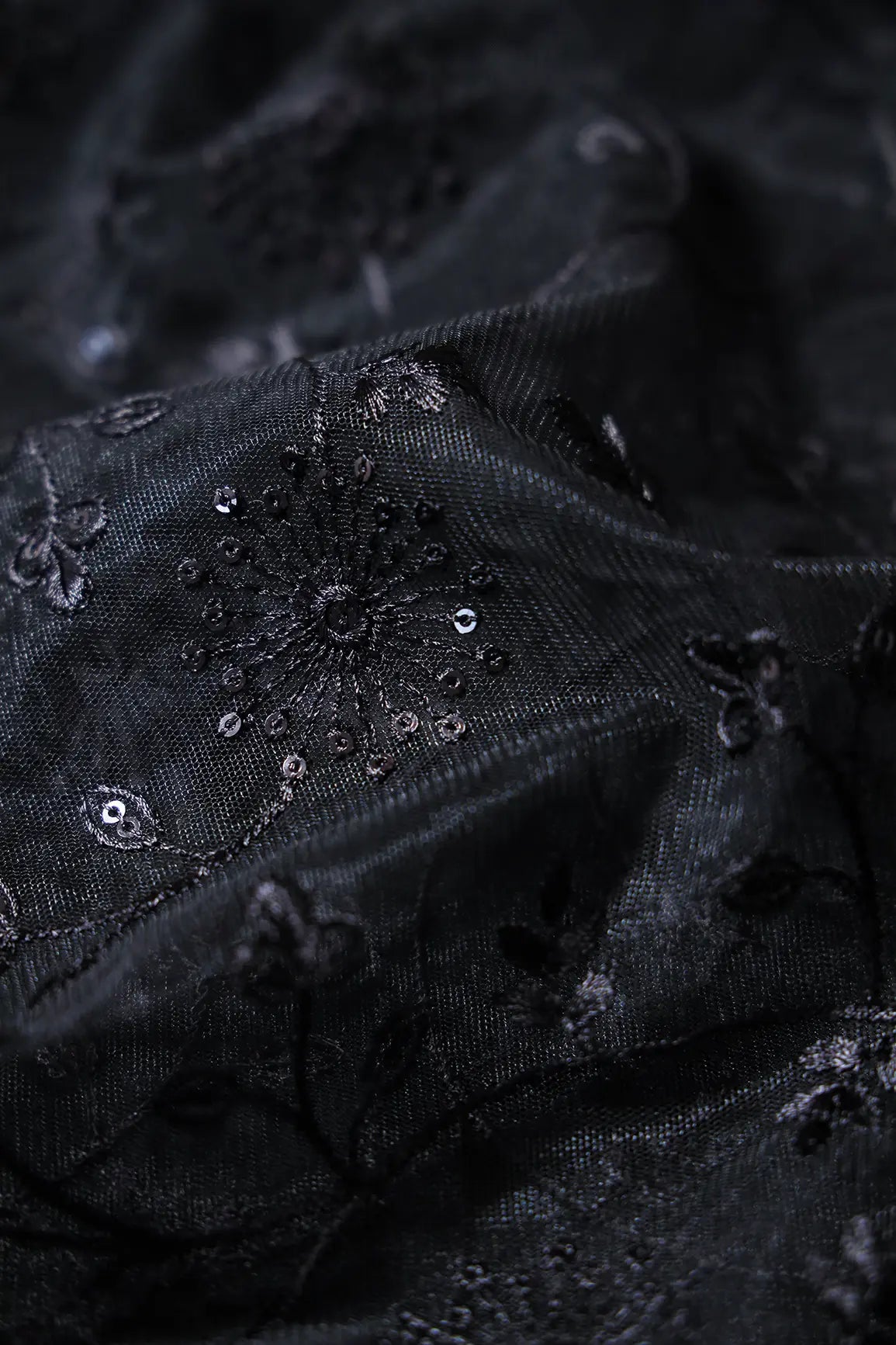 Black Sequins With Black Thread Floral Embroidery On Black Soft Net Fabric