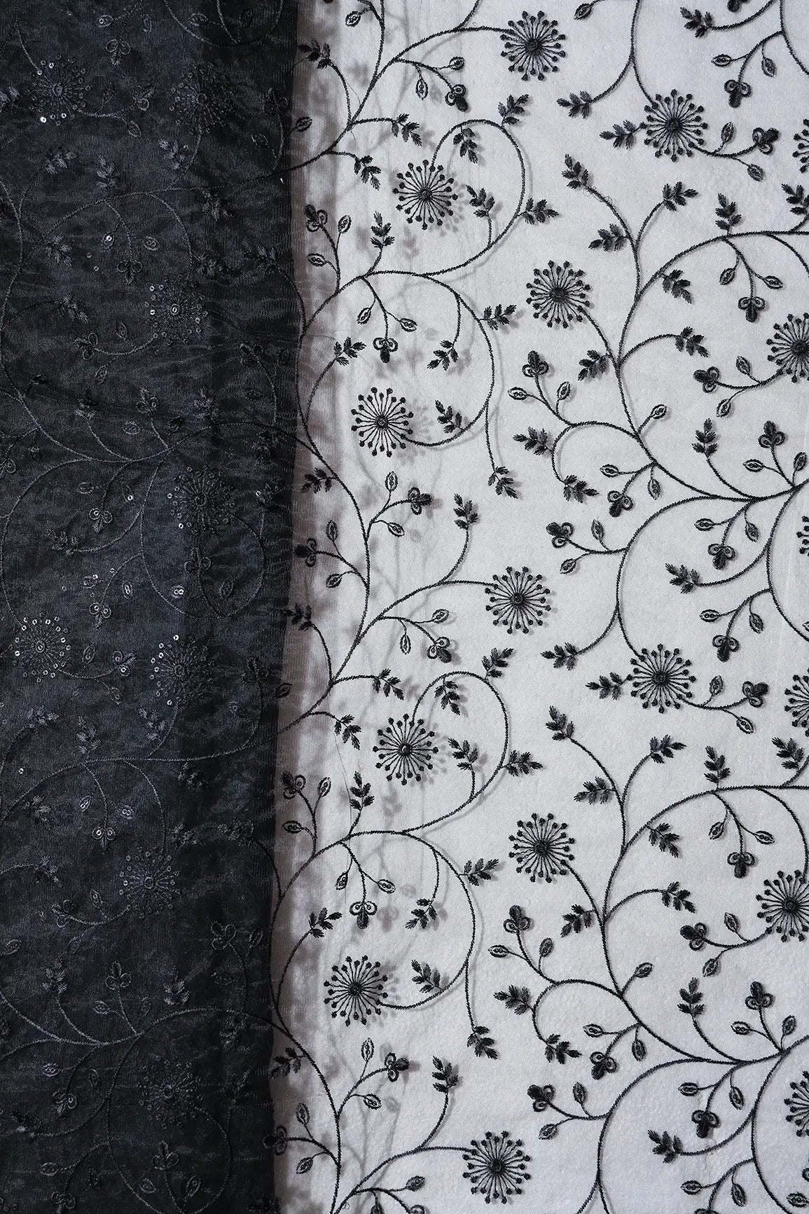 Black Sequins With Black Thread Floral Embroidery On Black Soft Net Fabric