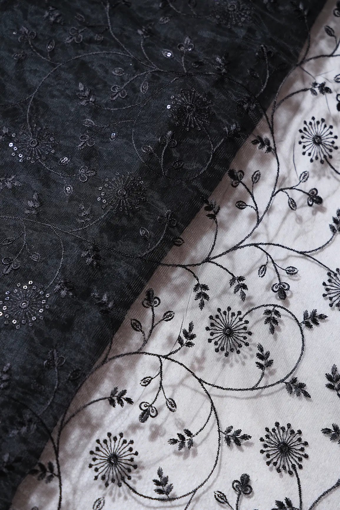 Black Sequins With Black Thread Floral Embroidery On Black Soft Net Fabric