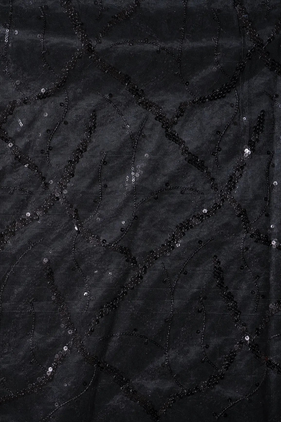 Black Sequins Geometric Embroidery On Black Soft Net Fabric