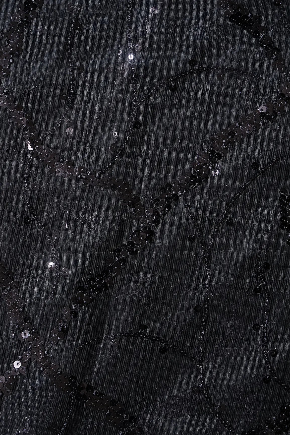 Black Sequins Geometric Embroidery On Black Soft Net Fabric