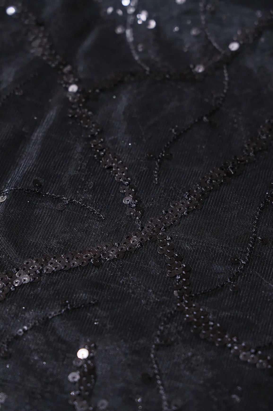 Black Sequins Geometric Embroidery On Black Soft Net Fabric