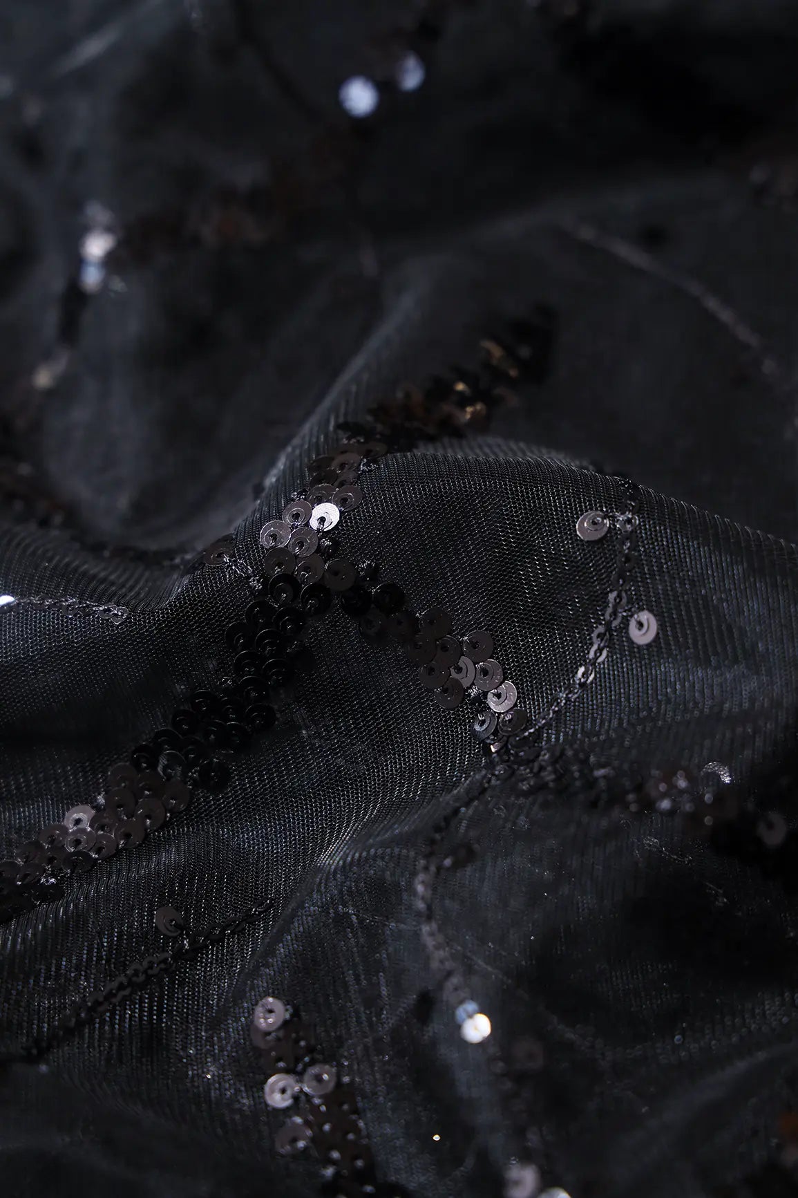 Black Sequins Geometric Embroidery On Black Soft Net Fabric