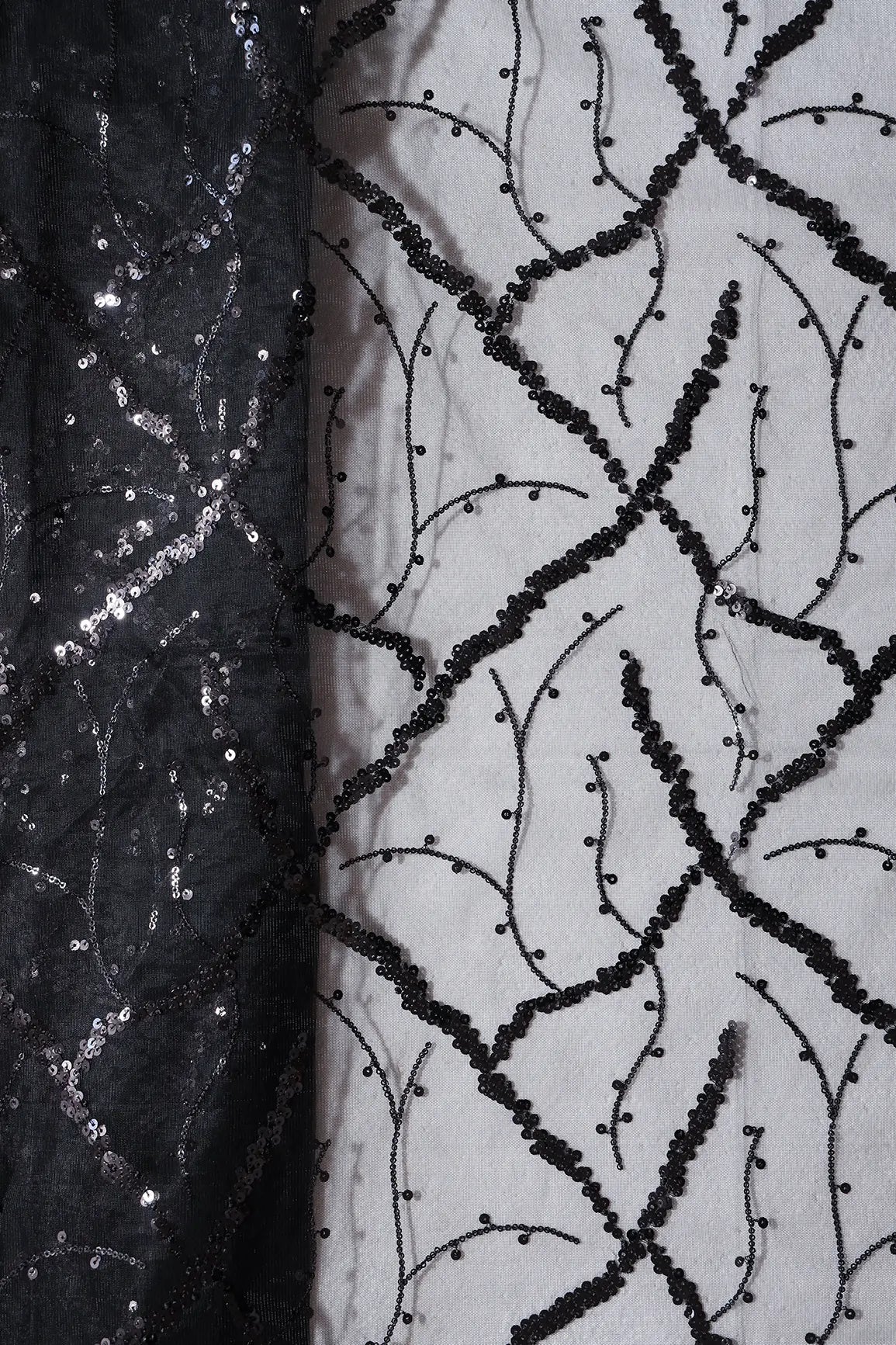 Black Sequins Geometric Embroidery On Black Soft Net Fabric