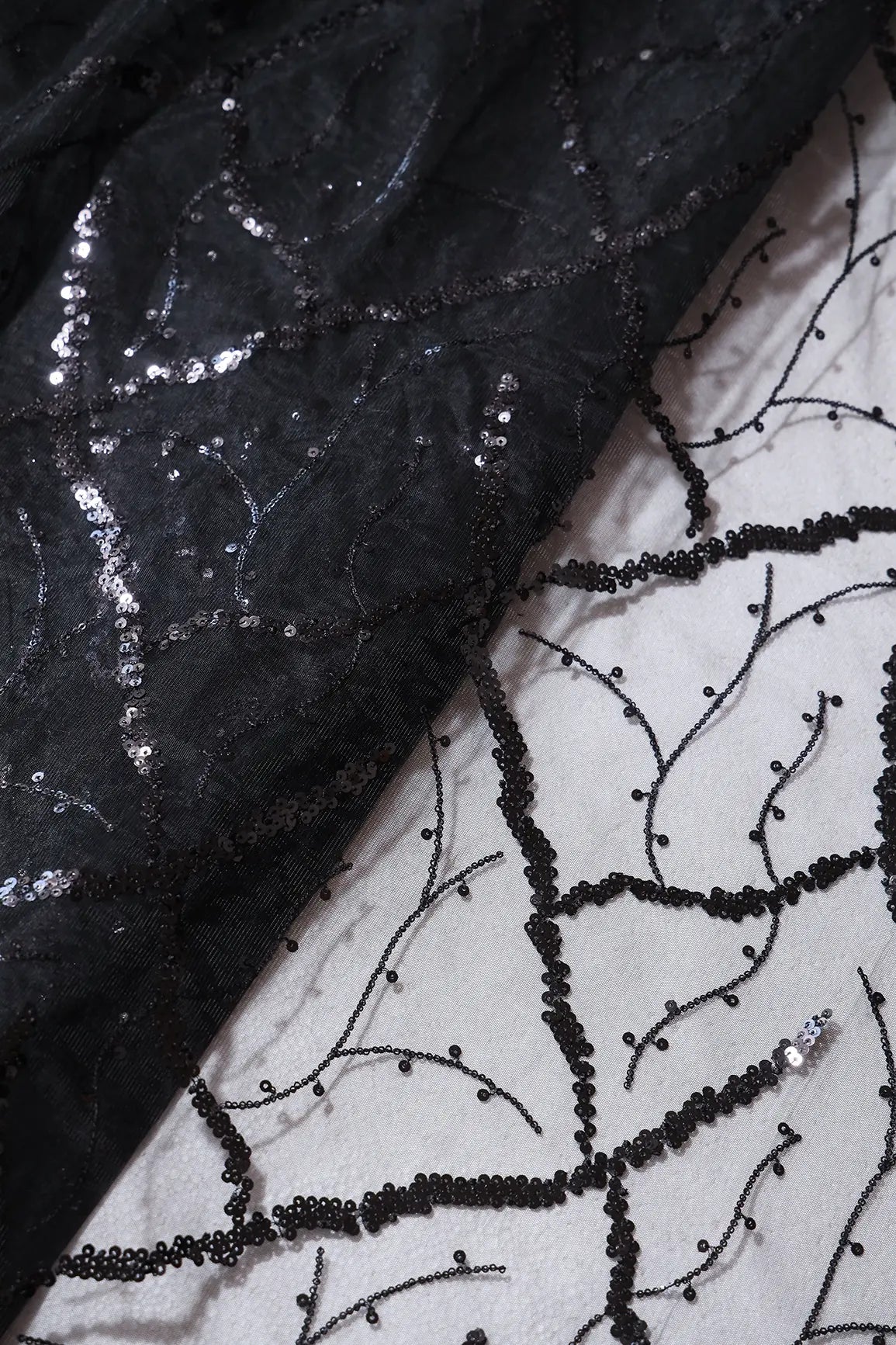 Black Sequins Geometric Embroidery On Black Soft Net Fabric