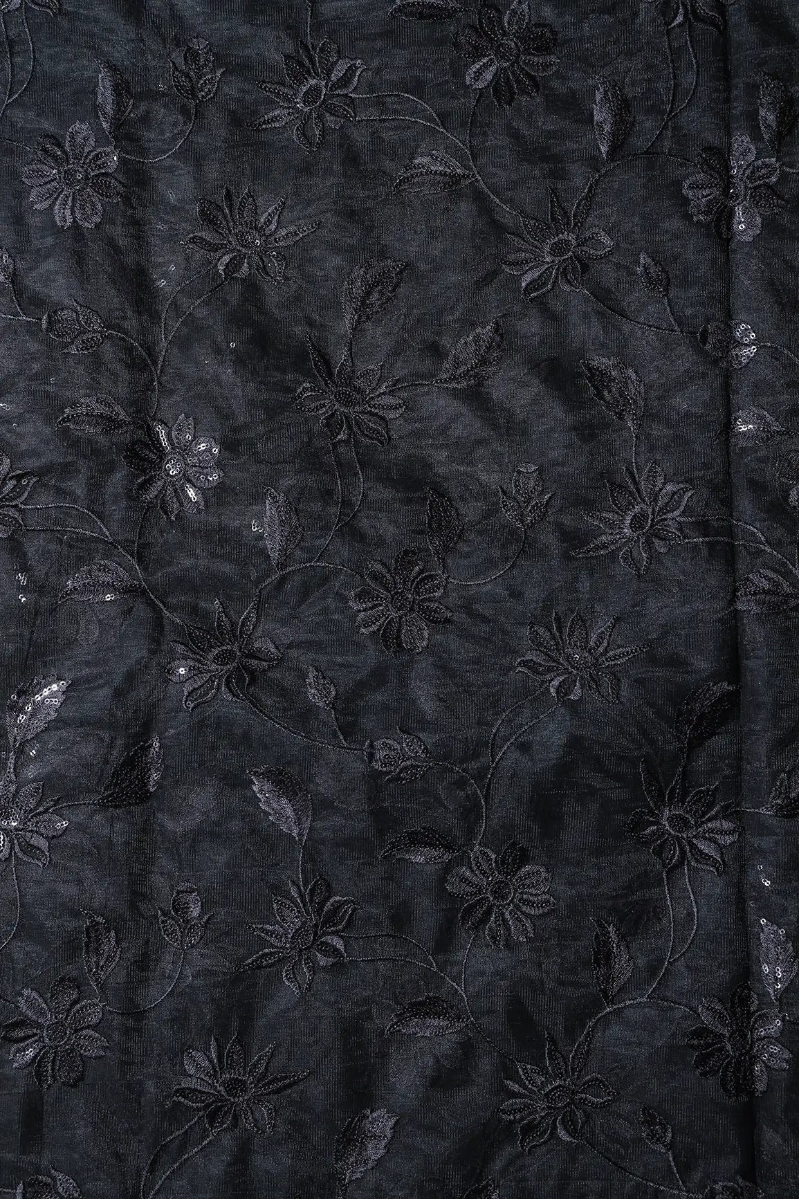 Black Thread With Black Sequins Floral Embroidery On Black Soft Net Fabric