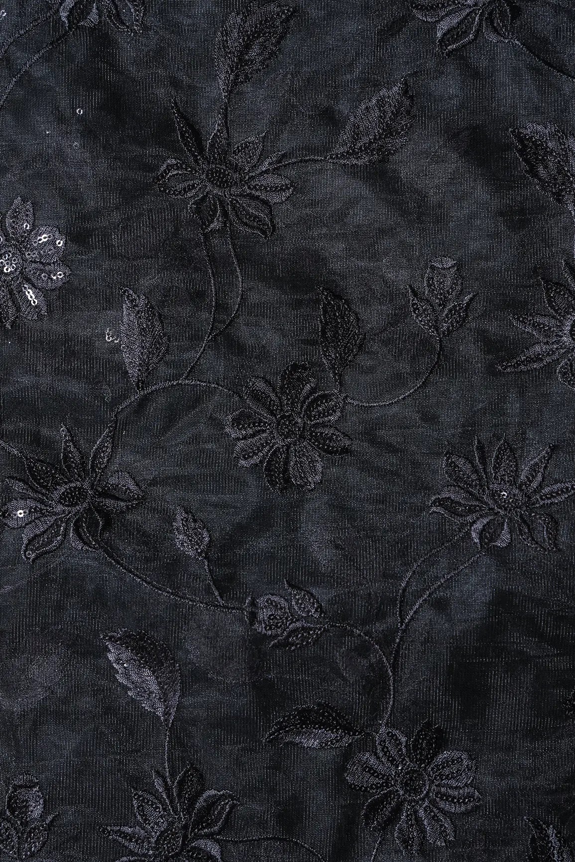 Black Thread With Black Sequins Floral Embroidery On Black Soft Net Fabric