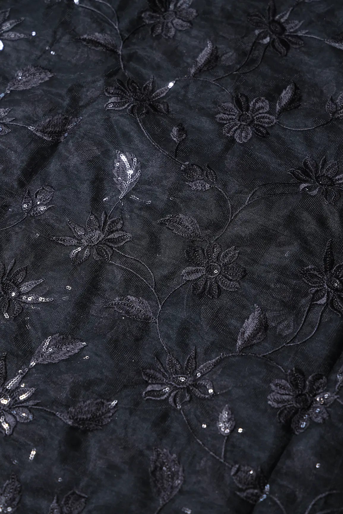 Black Thread With Black Sequins Floral Embroidery On Black Soft Net Fabric