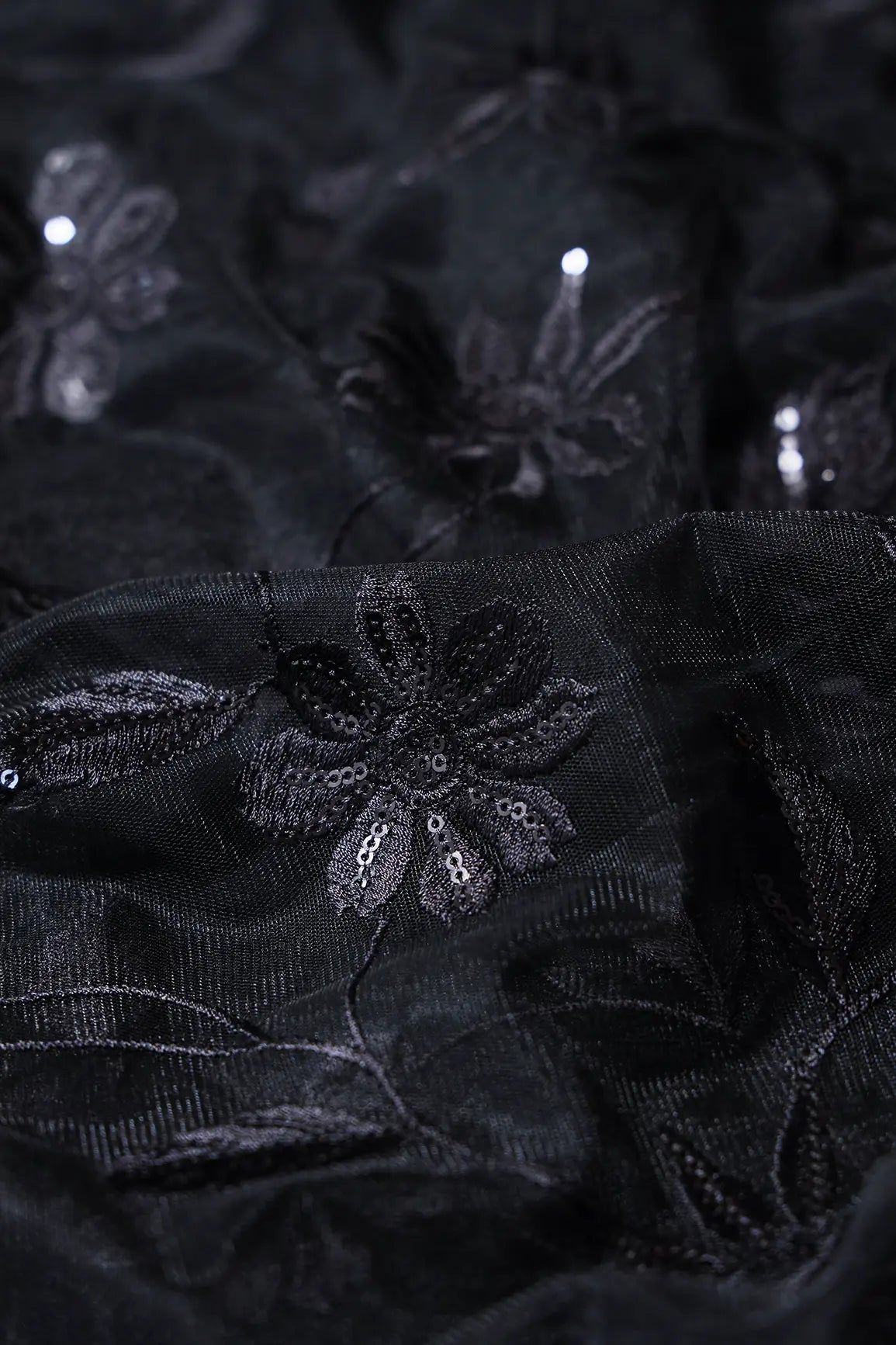 Black Thread With Black Sequins Floral Embroidery On Black Soft Net Fabric