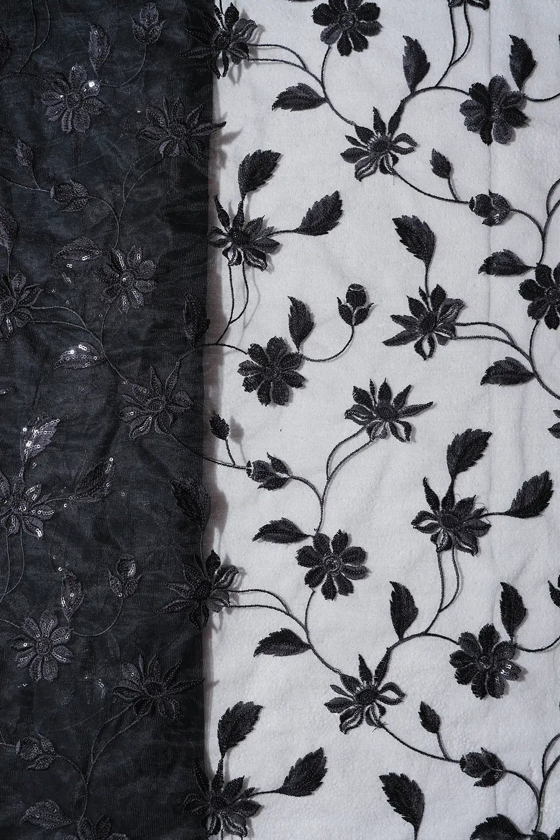 Black Thread With Black Sequins Floral Embroidery On Black Soft Net Fabric