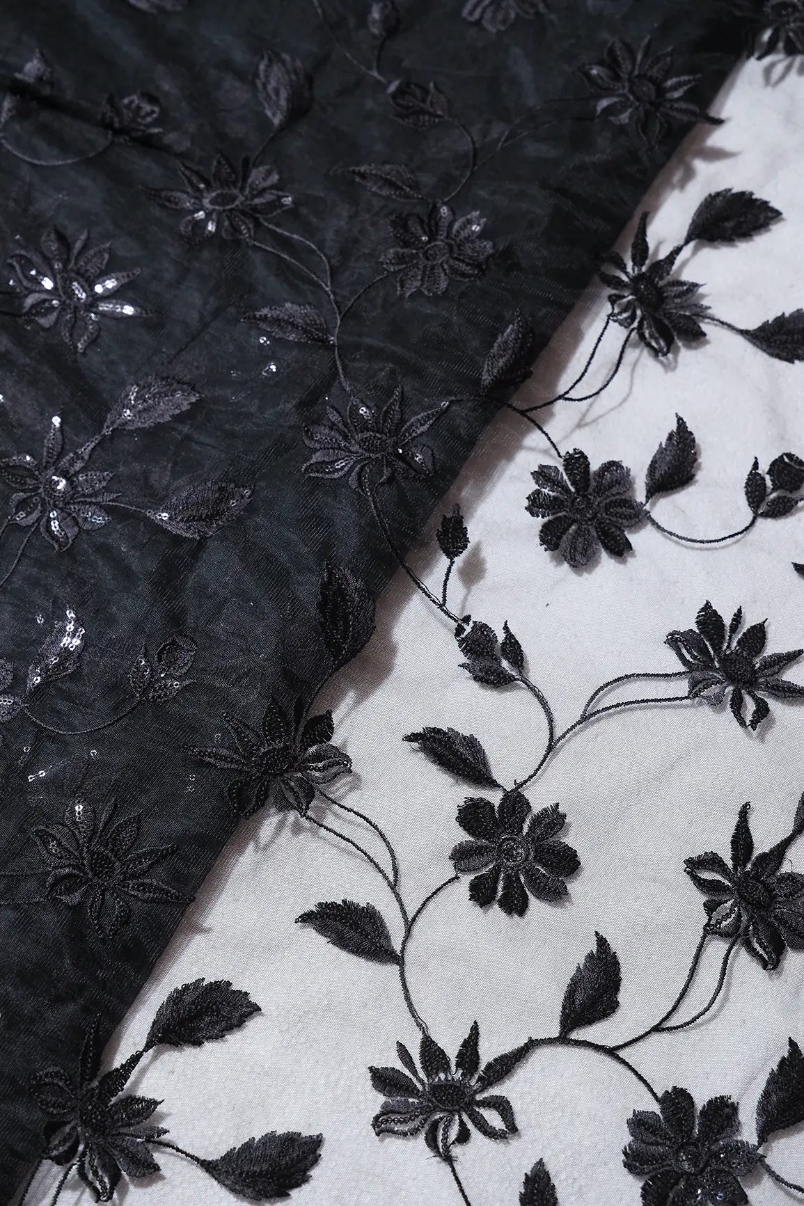 Black Thread With Black Sequins Floral Embroidery On Black Soft Net Fabric