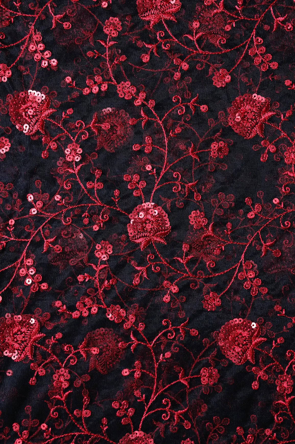 Red Thread With Red Sequins Floral Embroidery On Black Soft Net Fabric