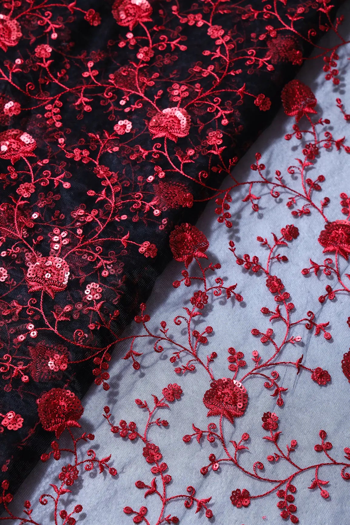 Red Thread With Red Sequins Floral Embroidery On Black Soft Net Fabric