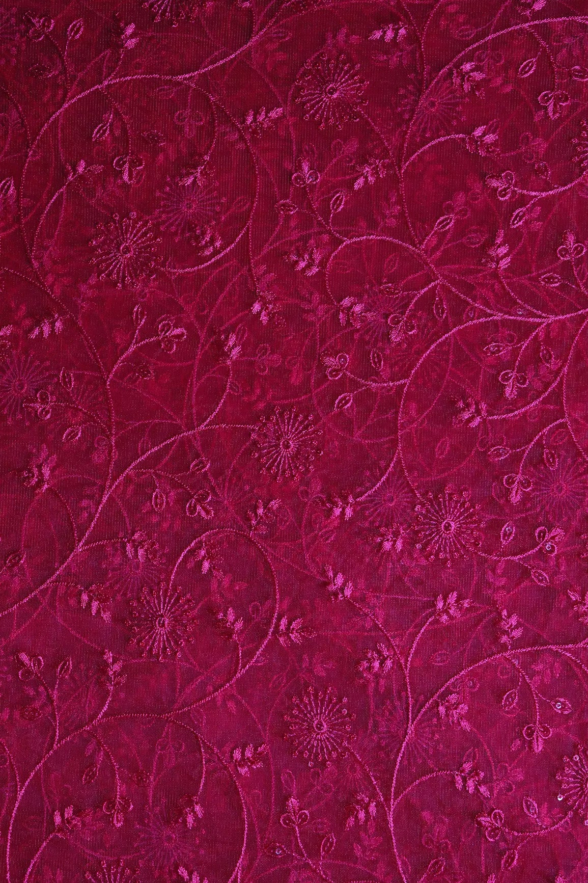 Red Sequins With Red Thread Floral Embroidery On Cherry Red Soft Net Fabric