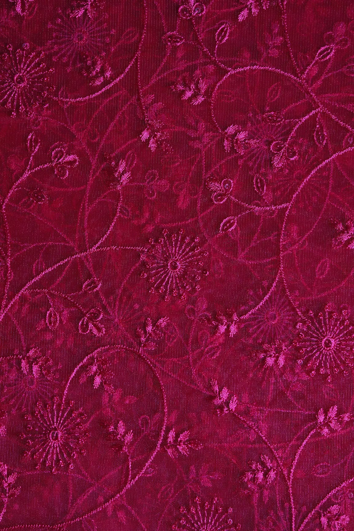 Red Sequins With Red Thread Floral Embroidery On Cherry Red Soft Net Fabric