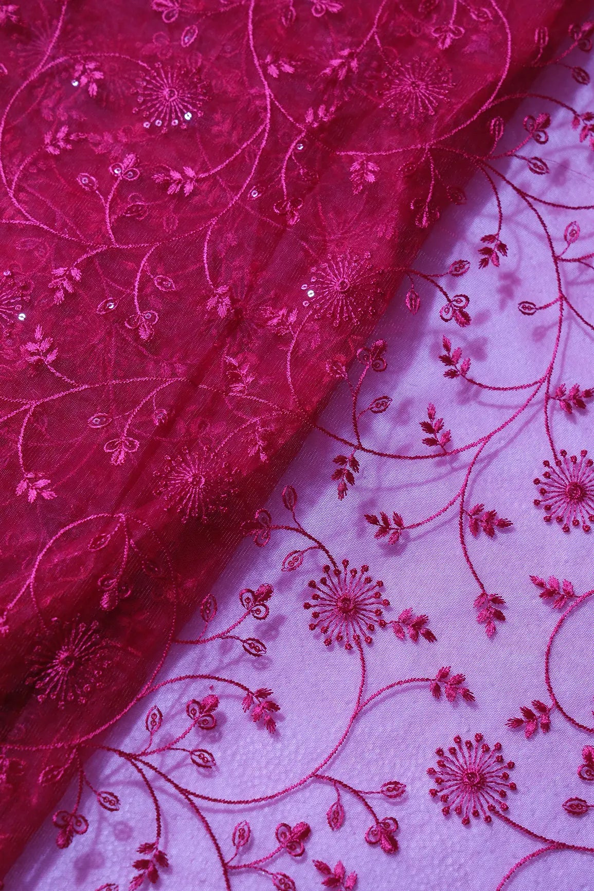 Red Sequins With Red Thread Floral Embroidery On Cherry Red Soft Net Fabric