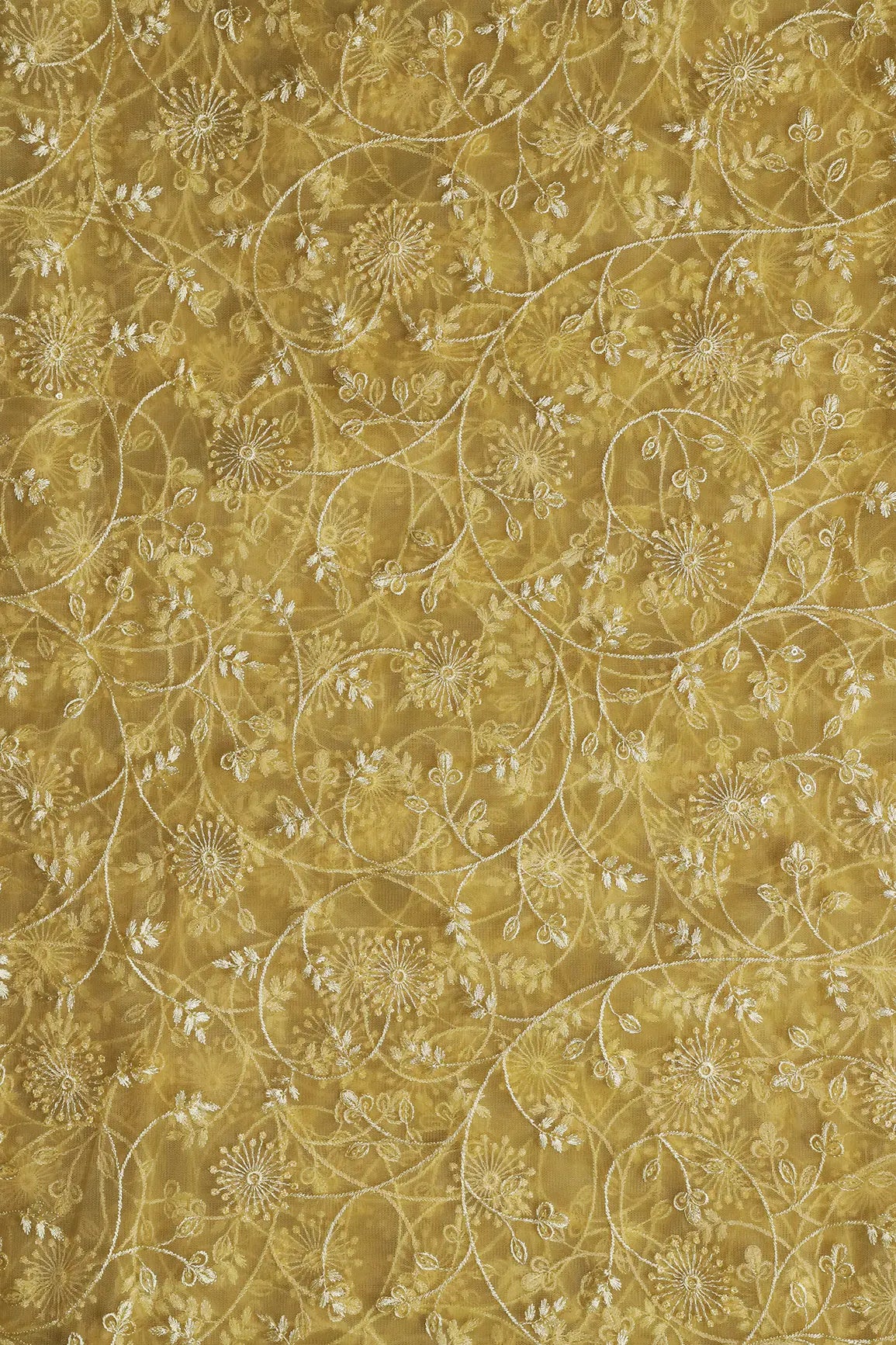 Yellow Sequins With Yellow Thread Floral Embroidery On Yellow Soft Net Fabric