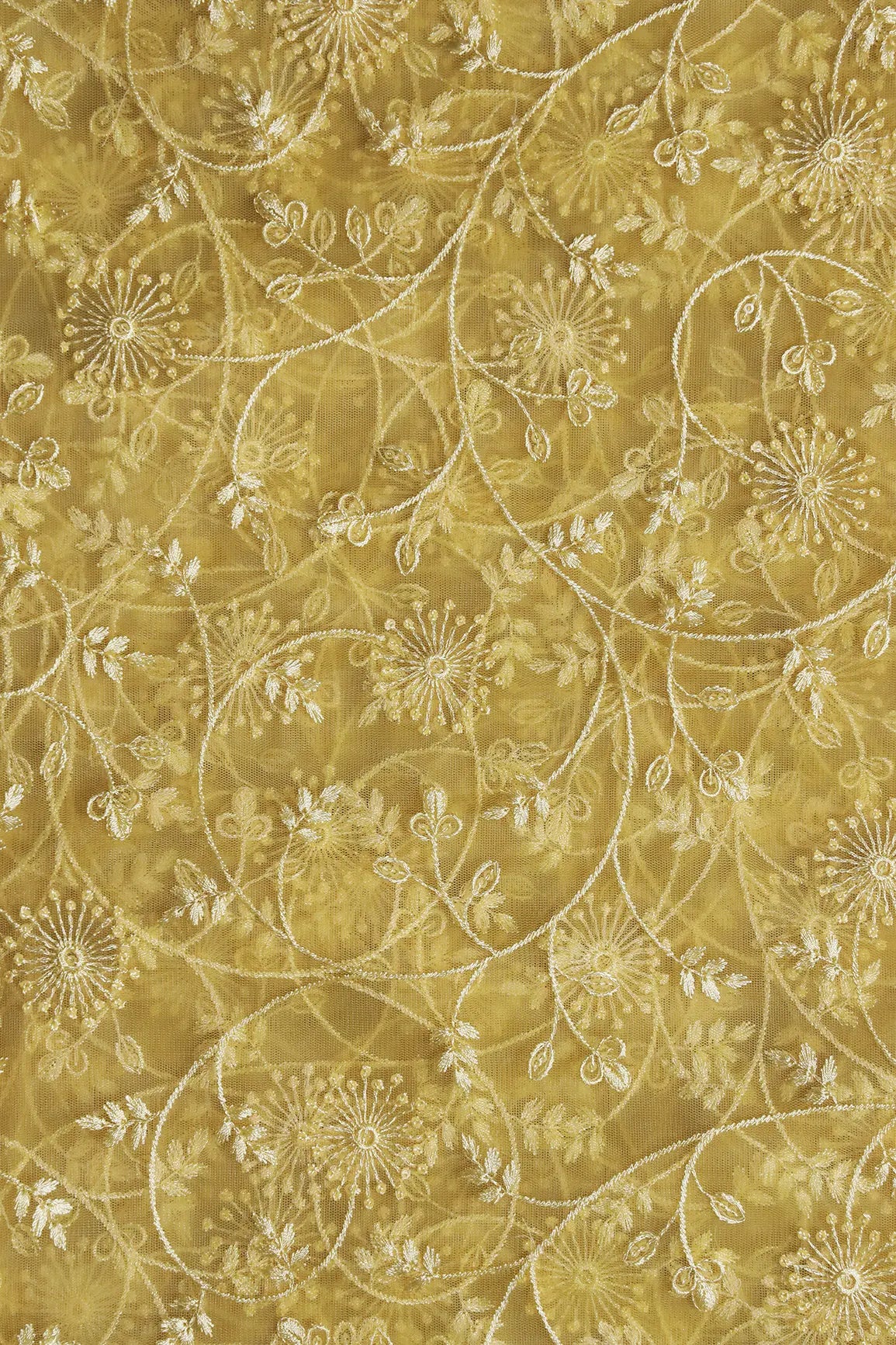 Yellow Sequins With Yellow Thread Floral Embroidery On Yellow Soft Net Fabric