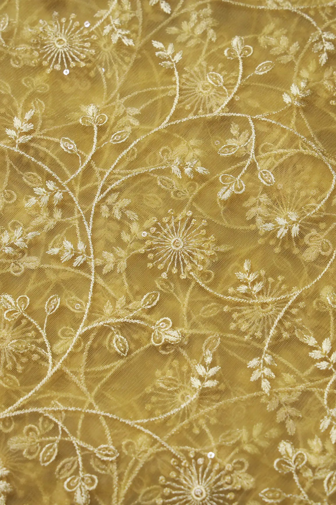 Yellow Sequins With Yellow Thread Floral Embroidery On Yellow Soft Net Fabric