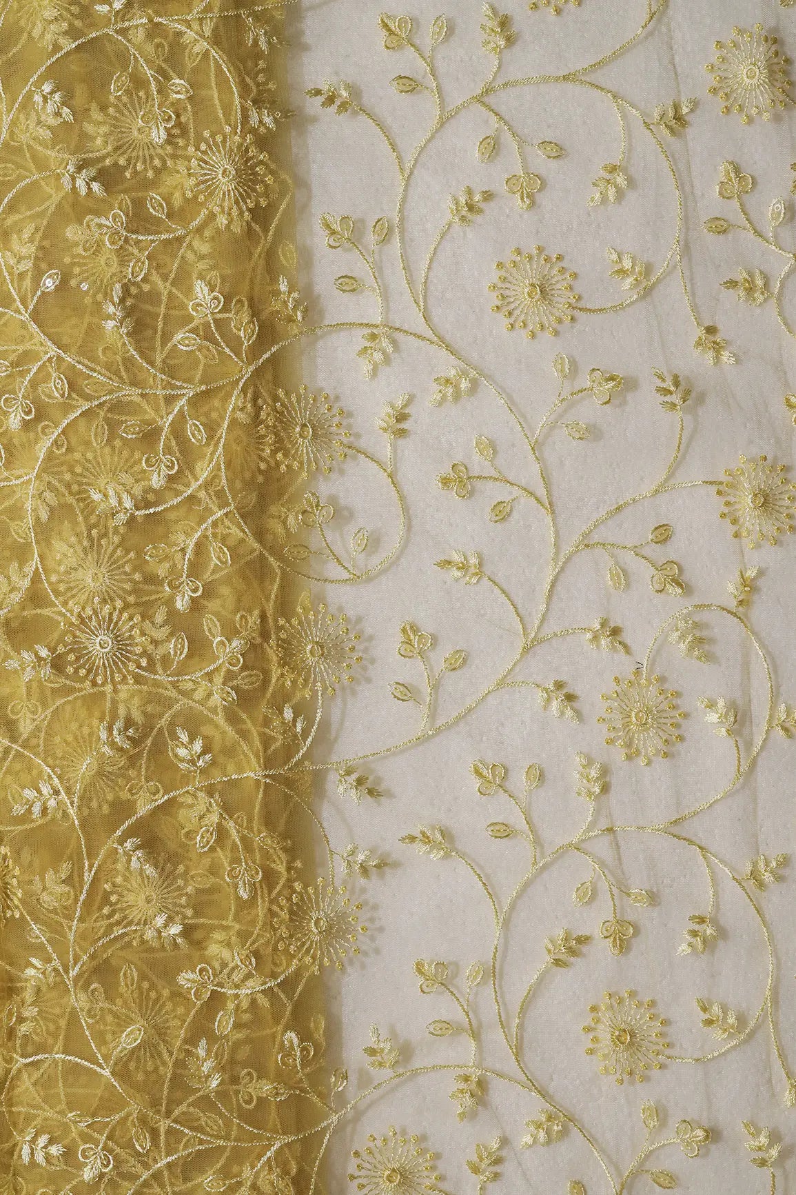 Yellow Sequins With Yellow Thread Floral Embroidery On Yellow Soft Net Fabric