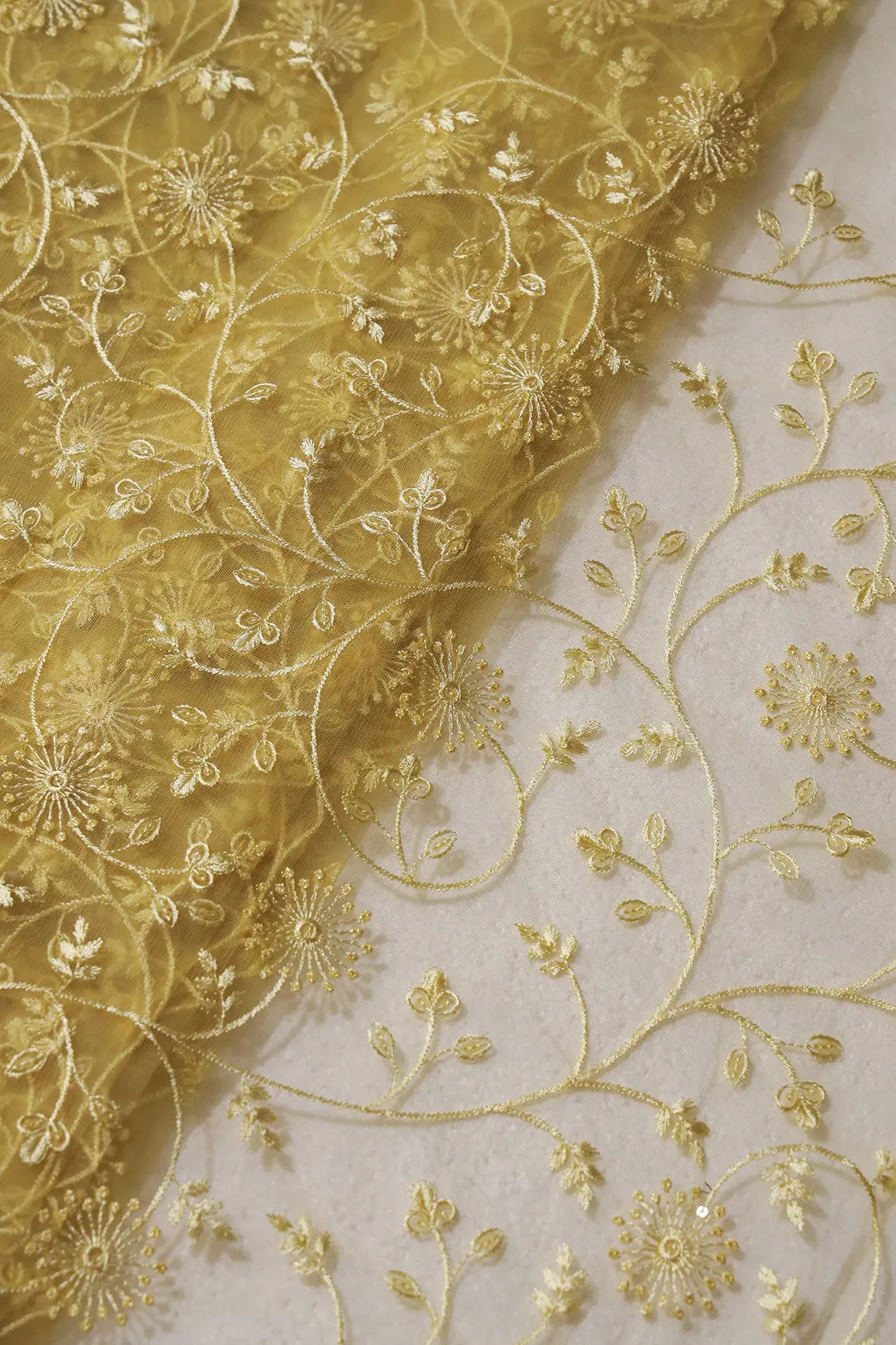 Yellow Sequins With Yellow Thread Floral Embroidery On Yellow Soft Net Fabric