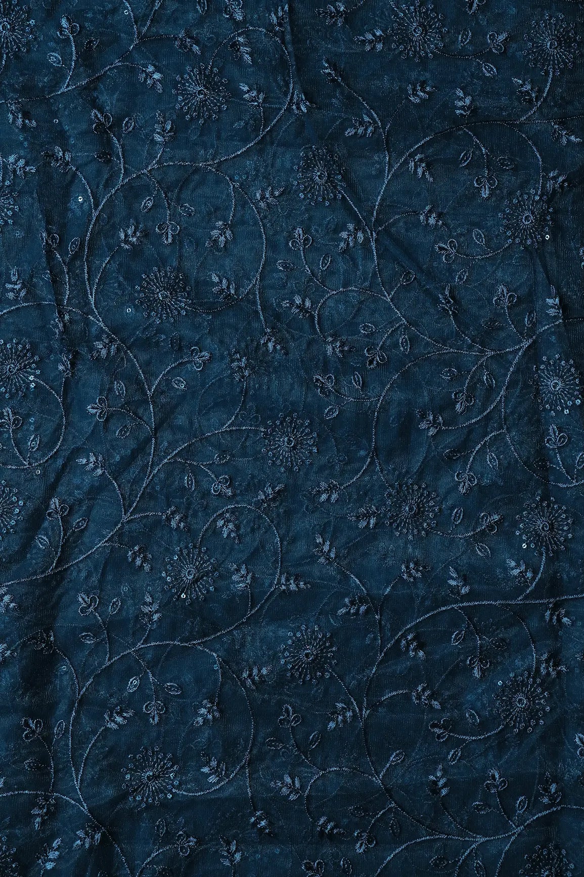 Blue Sequins With Blue Thread Floral Embroidery On Prussian Blue Soft Net Fabric