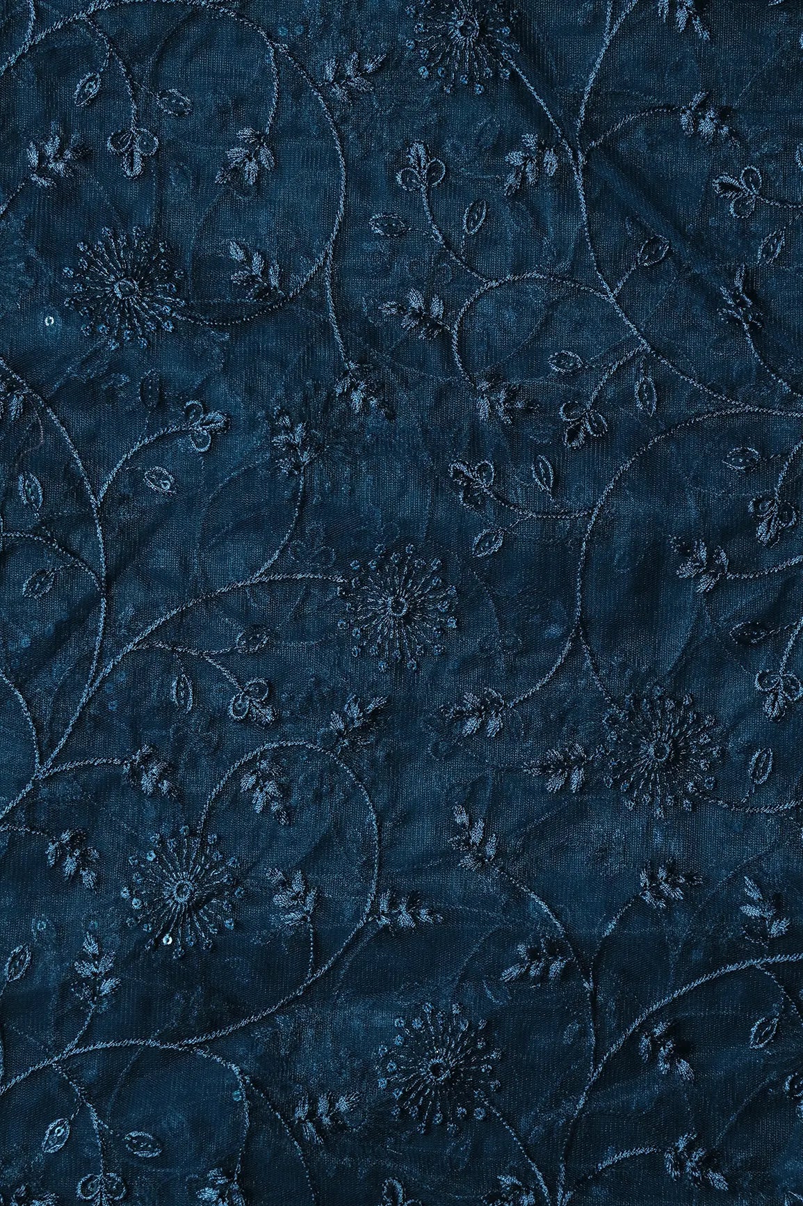 Blue Sequins With Blue Thread Floral Embroidery On Prussian Blue Soft Net Fabric