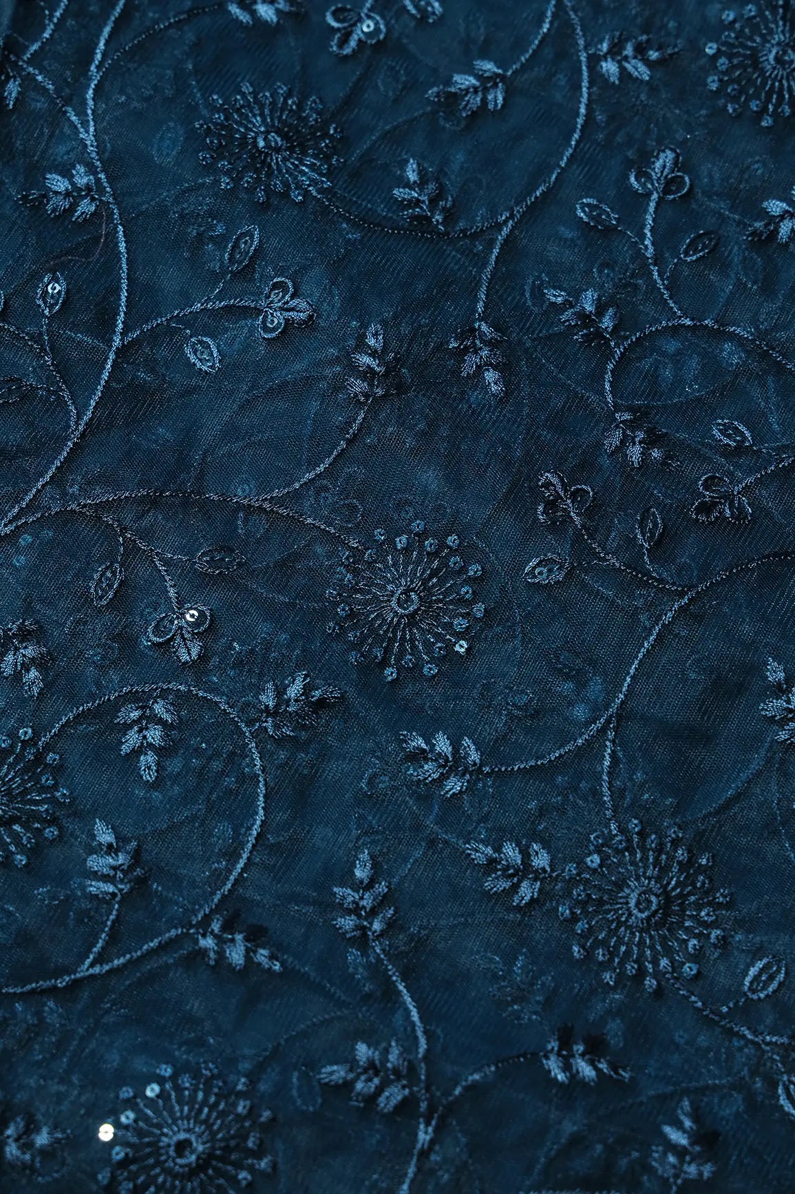 Blue Sequins With Blue Thread Floral Embroidery On Prussian Blue Soft Net Fabric