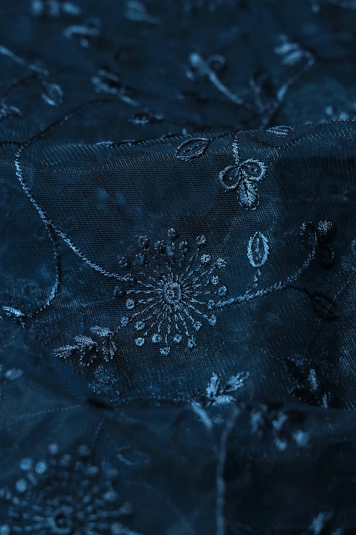 Blue Sequins With Blue Thread Floral Embroidery On Prussian Blue Soft Net Fabric